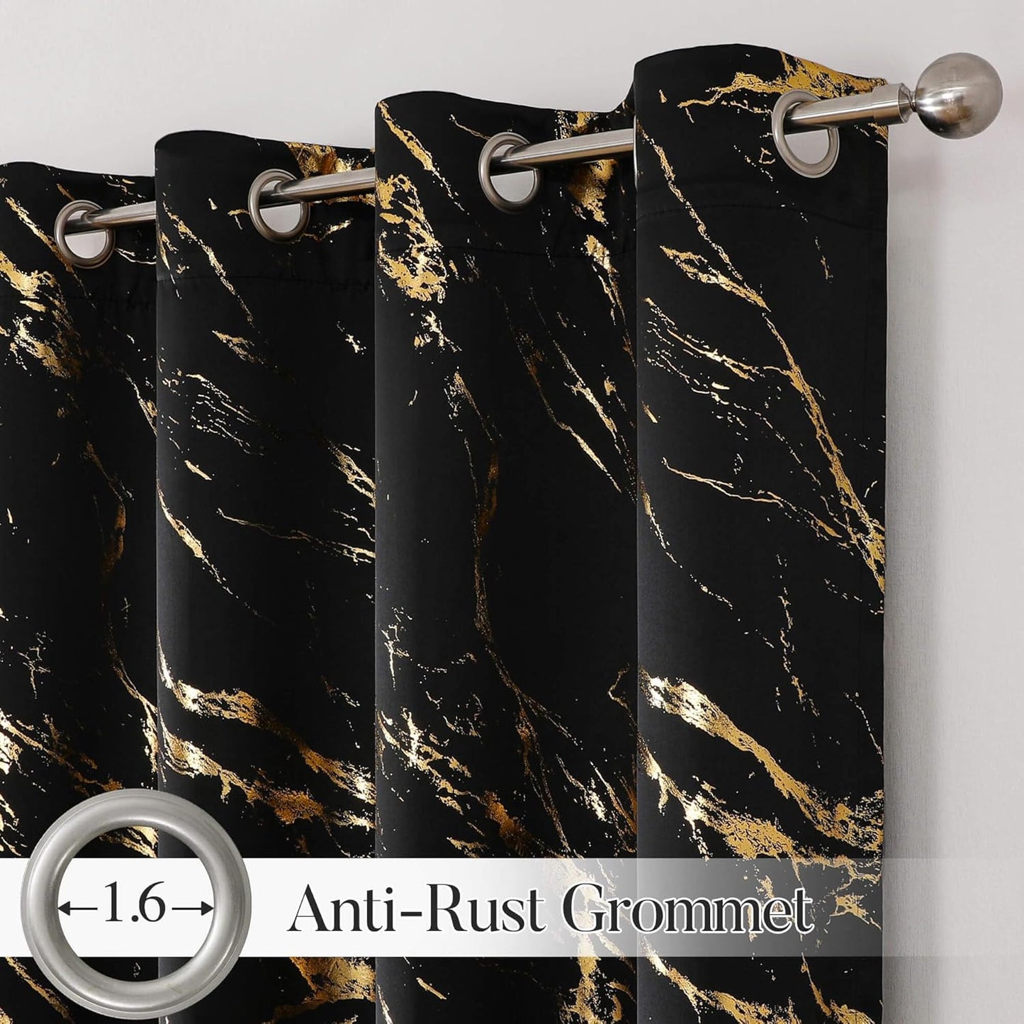 90% Blackout Curtains 2 Panels, Gold Marble Patterned Blackout Curtains Thermal Insulated Room Darkening Drapes for Living Room ,Black