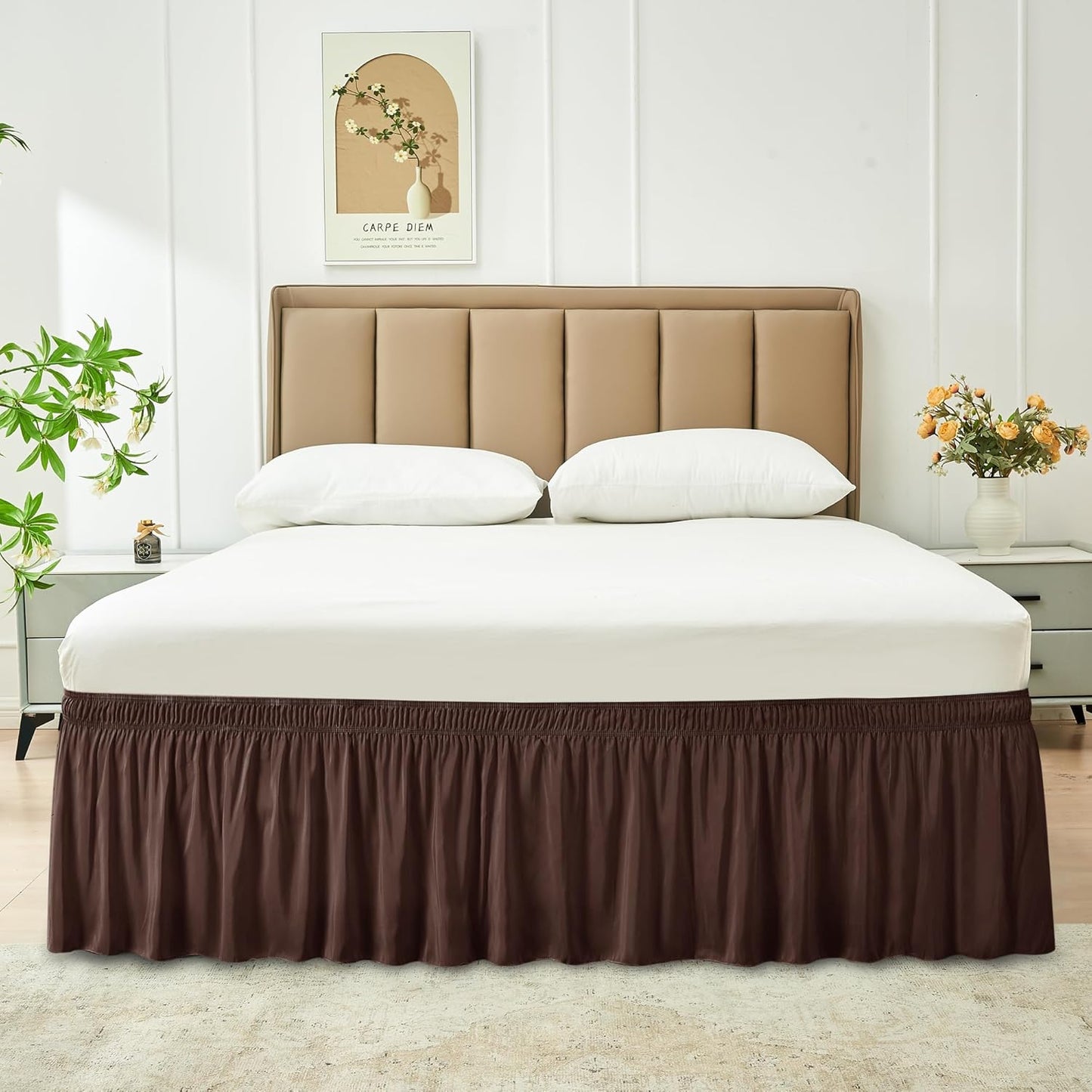Wrap Around Bed Skirts  15" Drop, Aqua Adjustable Elastic Dust Ruffles Easy Fit Wrinkle & Fade Resistant  Machine Washable ,Brown
