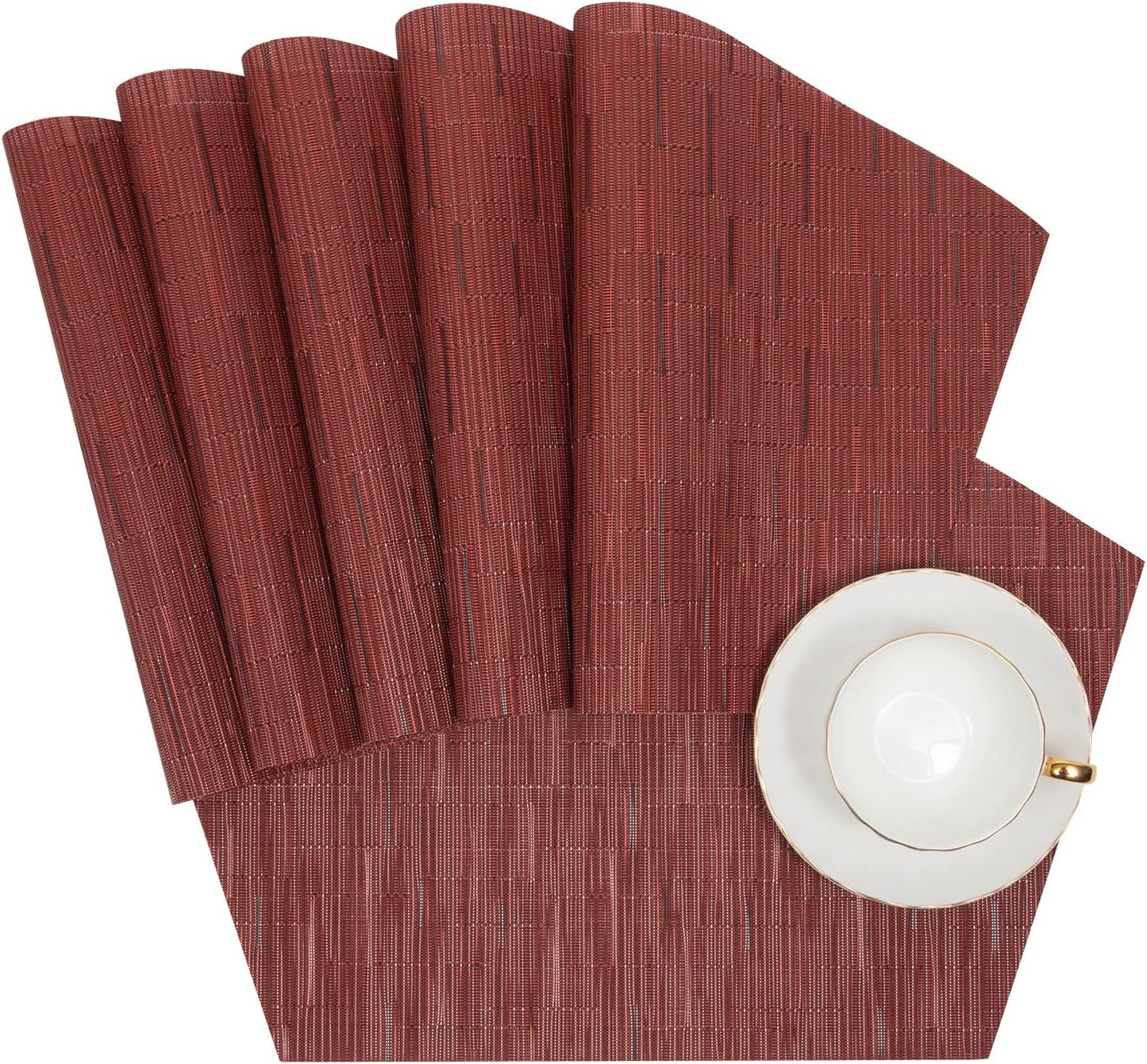 Round Table Placemats Set Wedge Shaped Place Mat with Centerpiece Round Mat Heat Resistant Table Mats Washable, Burgundy Red