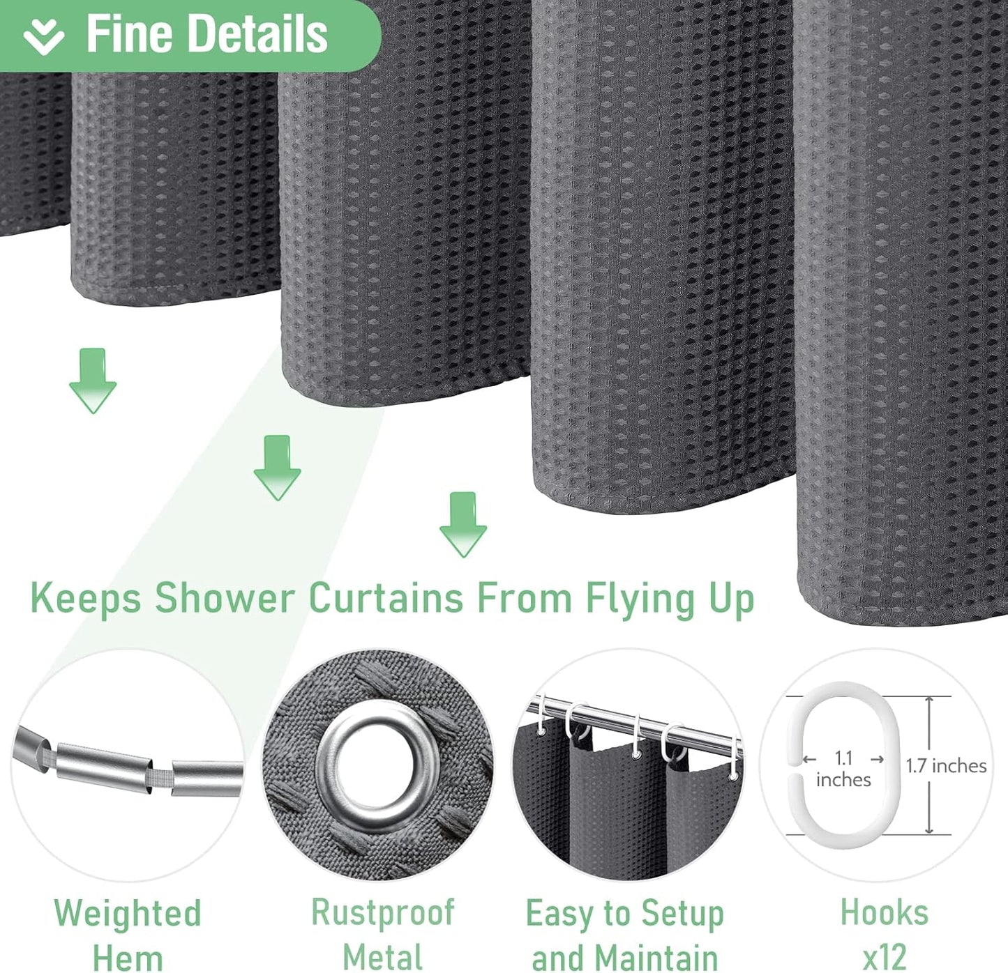 Fabric Shower Curtain - Waffle Weave Weighted Thick Cloth Shower Curtains for Bathroom, Hotel Spa Luxury Bath Curtain Set with 10 Hooks,Dark Grey