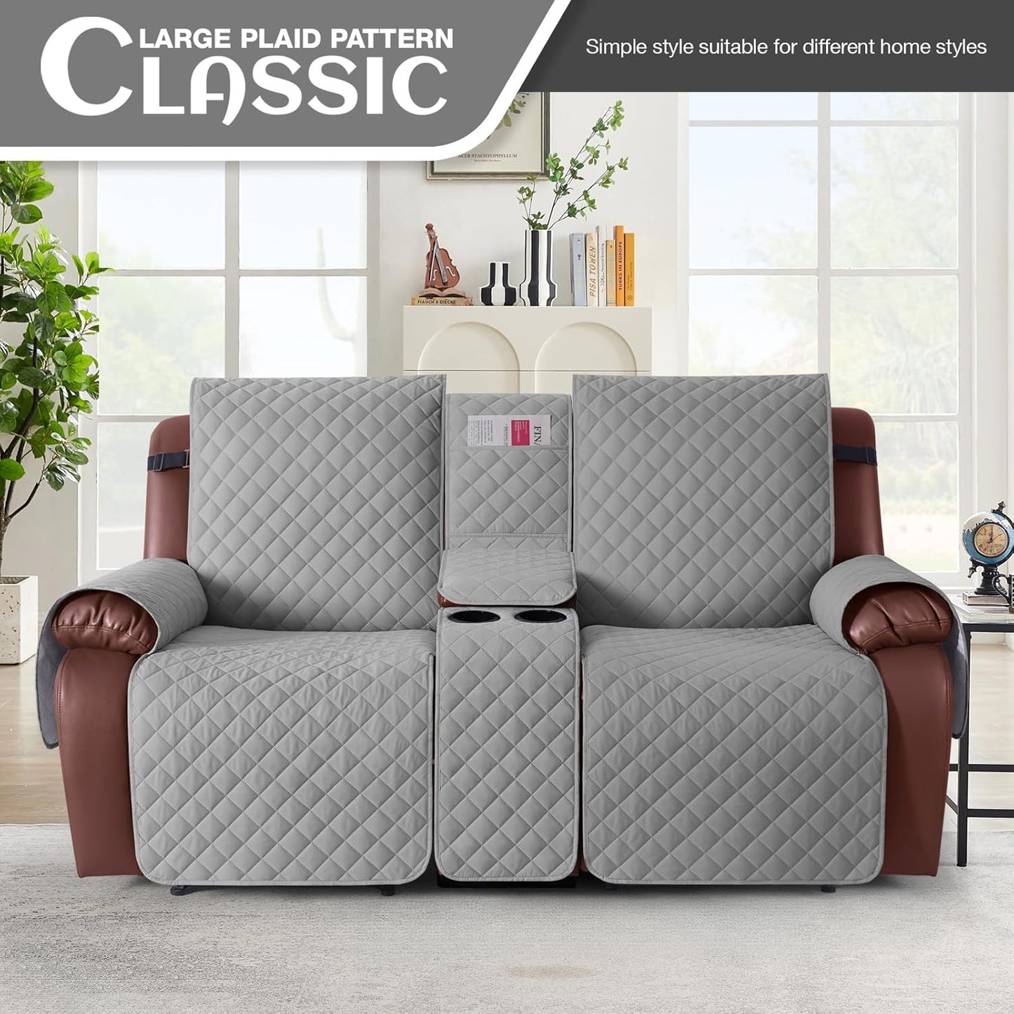 100%Waterproof  with Console, Non-Slip Reclining Couch Covers for 2 Seat, Recliner Sofa Cover Furniture Protector with Elastic Straps for Kids, Pets,Lightgrey
