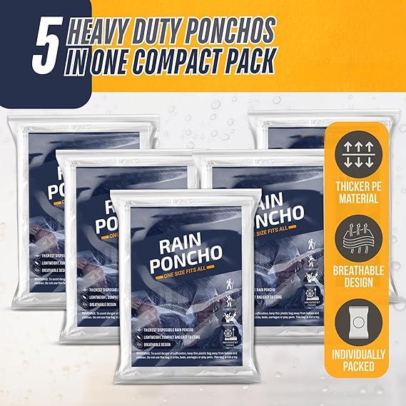 Disposable Rain Ponchos for Adults (5 Pack) ,Blue