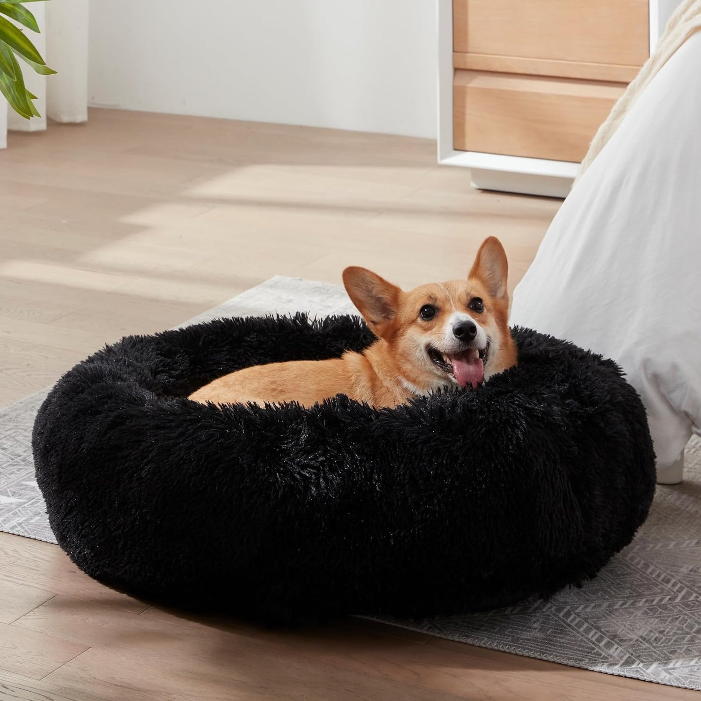 Anti Anxiety Round Fluffy Plush Faux Fur Warm Washable Dog Bed & Cat Bed, Original Bed for Small Medium Large Pets, Black