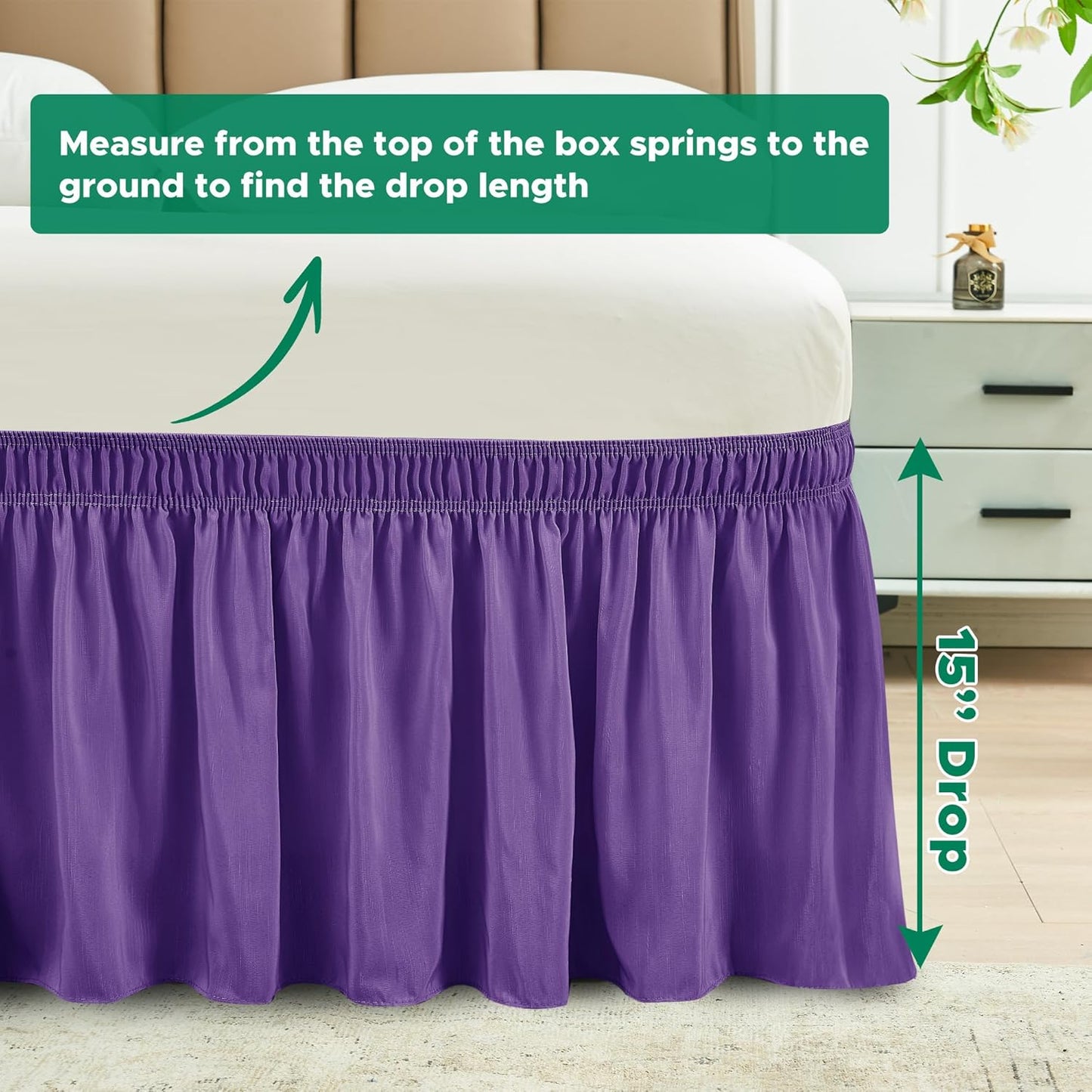Wrap Around Bed Skirts  15" Drop, Aqua Adjustable Elastic Dust Ruffles Easy Fit Wrinkle & Fade Resistant  Machine Washable ,Purple