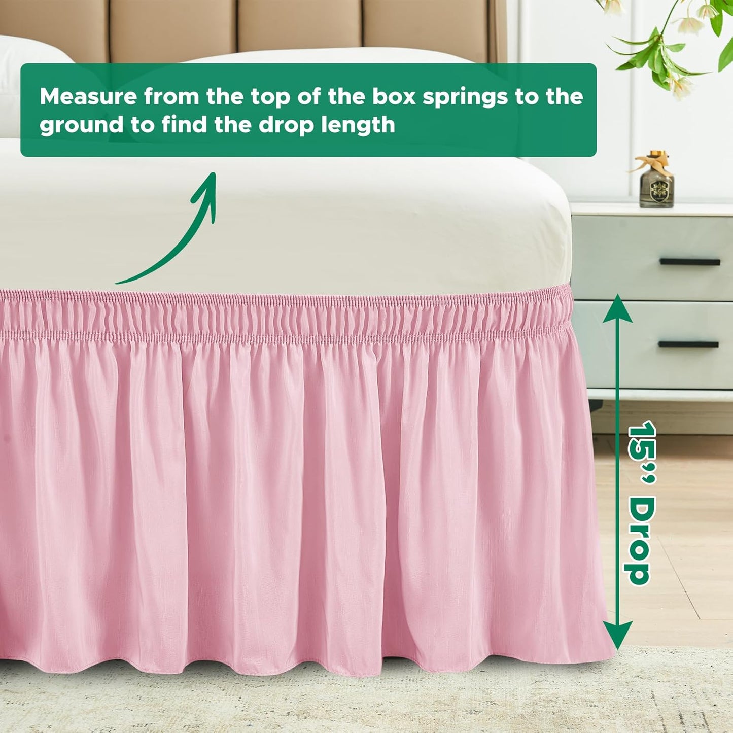Wrap Around Bed Skirts  15" Drop, Aqua Adjustable Elastic Dust Ruffles Easy Fit Wrinkle & Fade Resistant  Machine Washable ,Pink