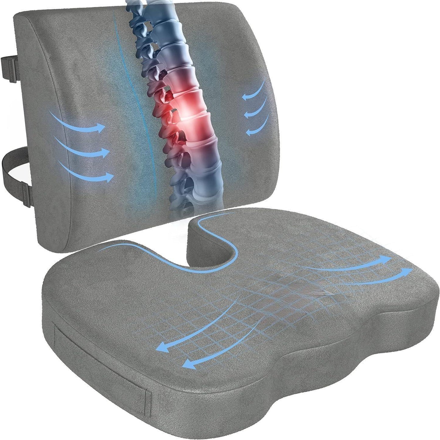 Seat Cushion for Office Chair, Lumbar Support Pillow for Chair, Car Seat Cushion,Washable Coat,Back Support Memory Foam Pillow ,Grey Velour