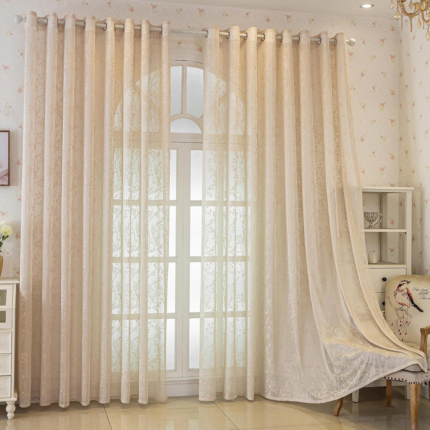 Beige Lace Sheer Curtains, Farmhouse Leaf Jacquard Grommet Window Curtain for Living Room/Bedroom, Voile Sheer Panel Drapes