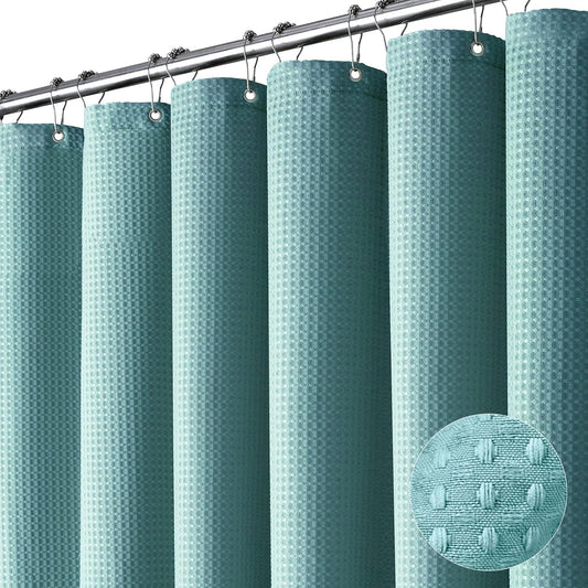 Fabric Shower Curtain - Waffle Weave Weighted Thick Cloth Shower Curtains for Bathroom, Hotel Spa Luxury Bath Curtain Set with 10 Hooks,Cyan