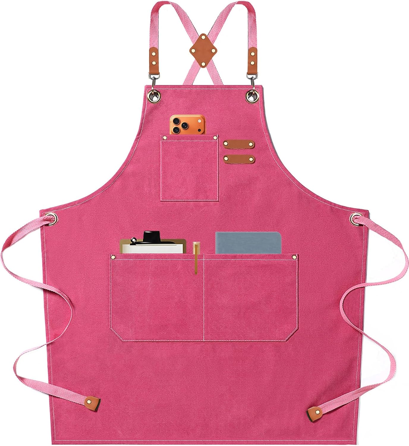 Chef Aprons for Men Women with Oversized Pockets,Cotton Canvas Cross Back Heavy Duty Work Apron,Pink
