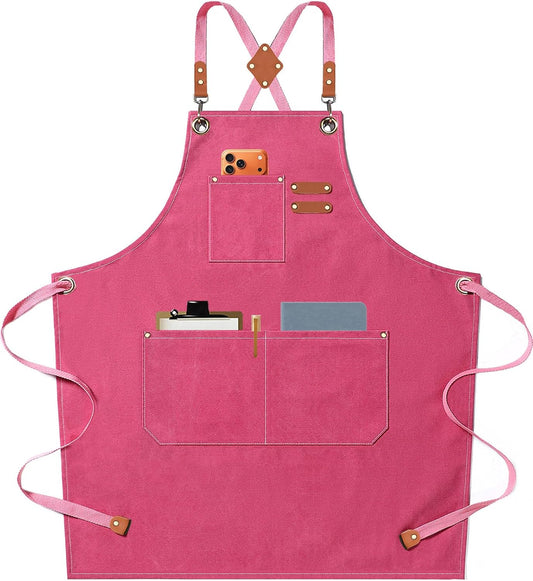 Chef Aprons for Men Women with Oversized Pockets,Cotton Canvas Cross Back Heavy Duty Work Apron,Pink