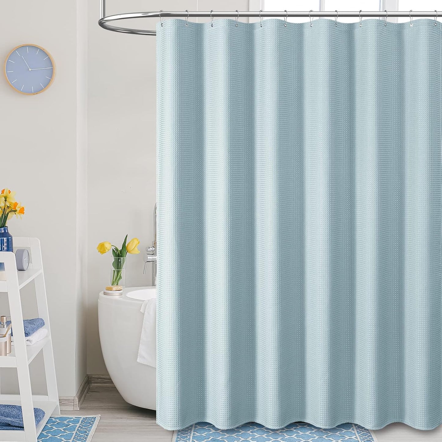 Fabric Shower Curtain - Waffle Weave Weighted Thick Cloth Shower Curtains for Bathroom, Hotel Spa Luxury Bath Curtain Set with 10 Hooks,Fog Blue