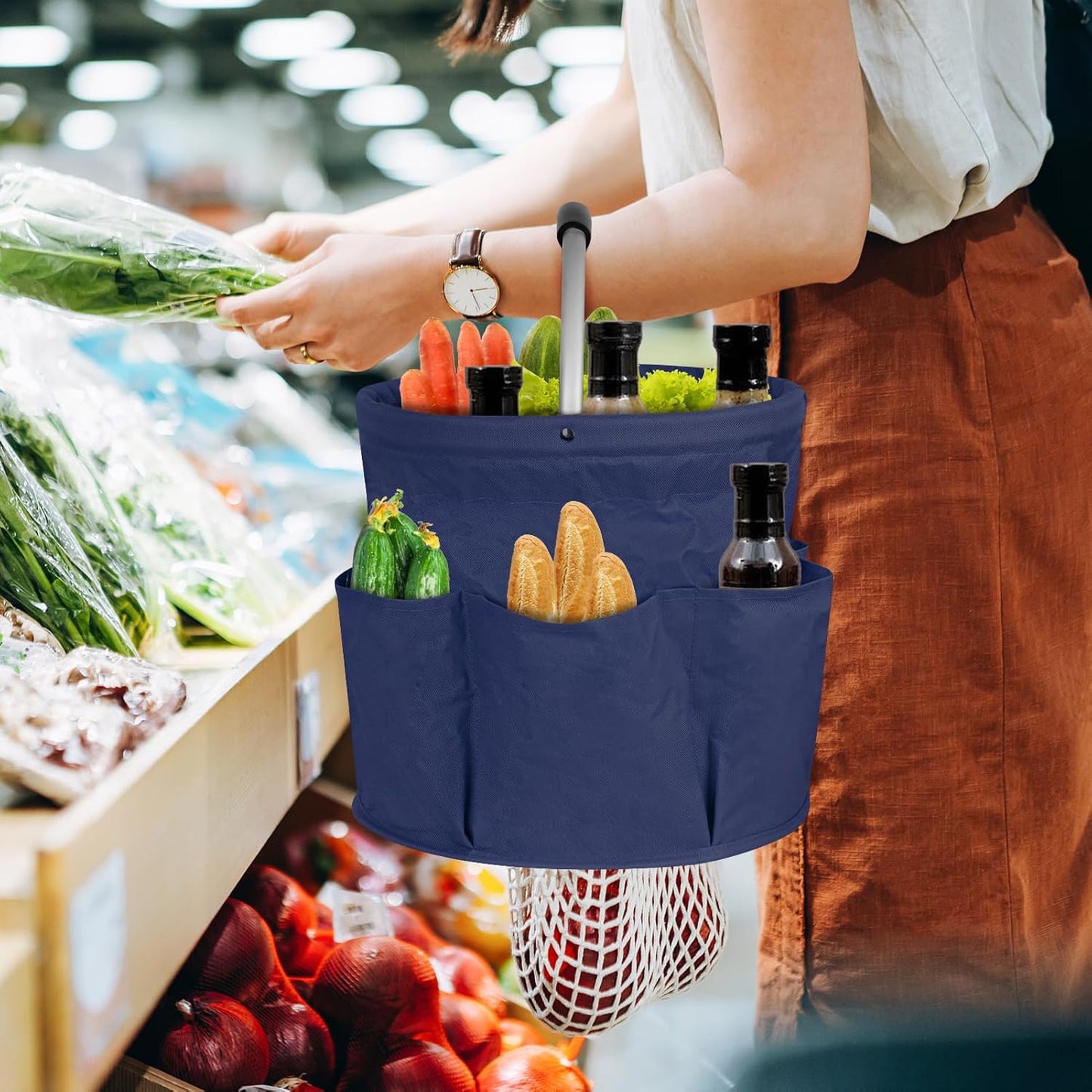 Collapsible Basket with Handles: Portable Picnic, Beach, Garden Harvest,Market Shopping Basket, Home Storage, Bathroom Organizer,Navy
