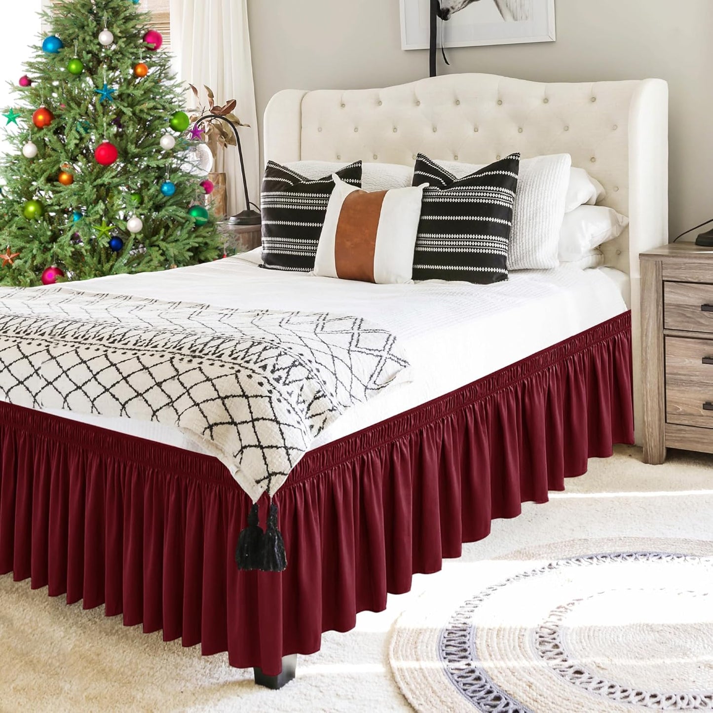 Wrap Around Bed Skirts  15" Drop, Aqua Adjustable Elastic Dust Ruffles Easy Fit Wrinkle & Fade Resistant  Machine Washable ,Burgundy