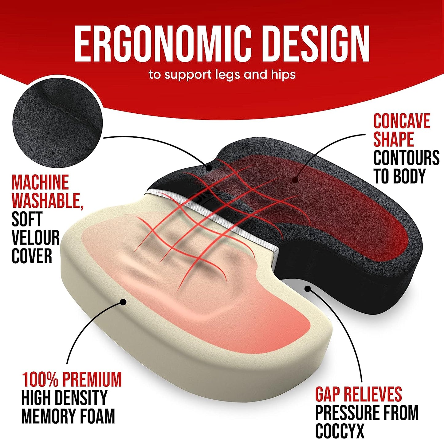 Seat Cushion for Office Chair, Lumbar Support Pillow for Chair, Car Seat Cushion,Washable Coat, Back Support Memory Foam Pillow ,Black Velour