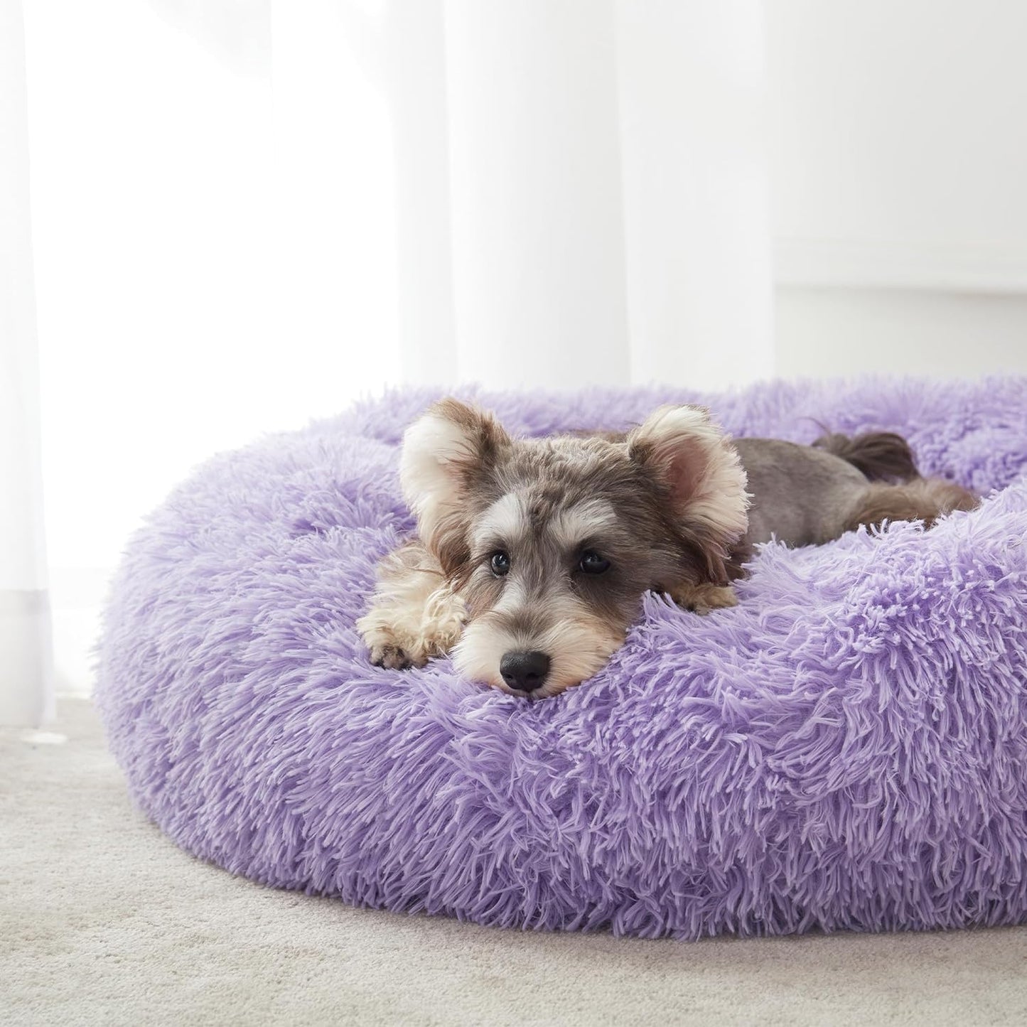 Anti Anxiety Round Fluffy Plush Faux Fur Warm Washable Dog Bed & Cat Bed, Original Bed for Small Medium Large Pets,Purple