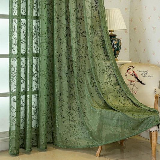 Green Lace Sheer Curtains, Farmhouse Leaf Jacquard Grommet Window Curtain for Living Room/Bedroom, Voile Sheer Panel Drapes