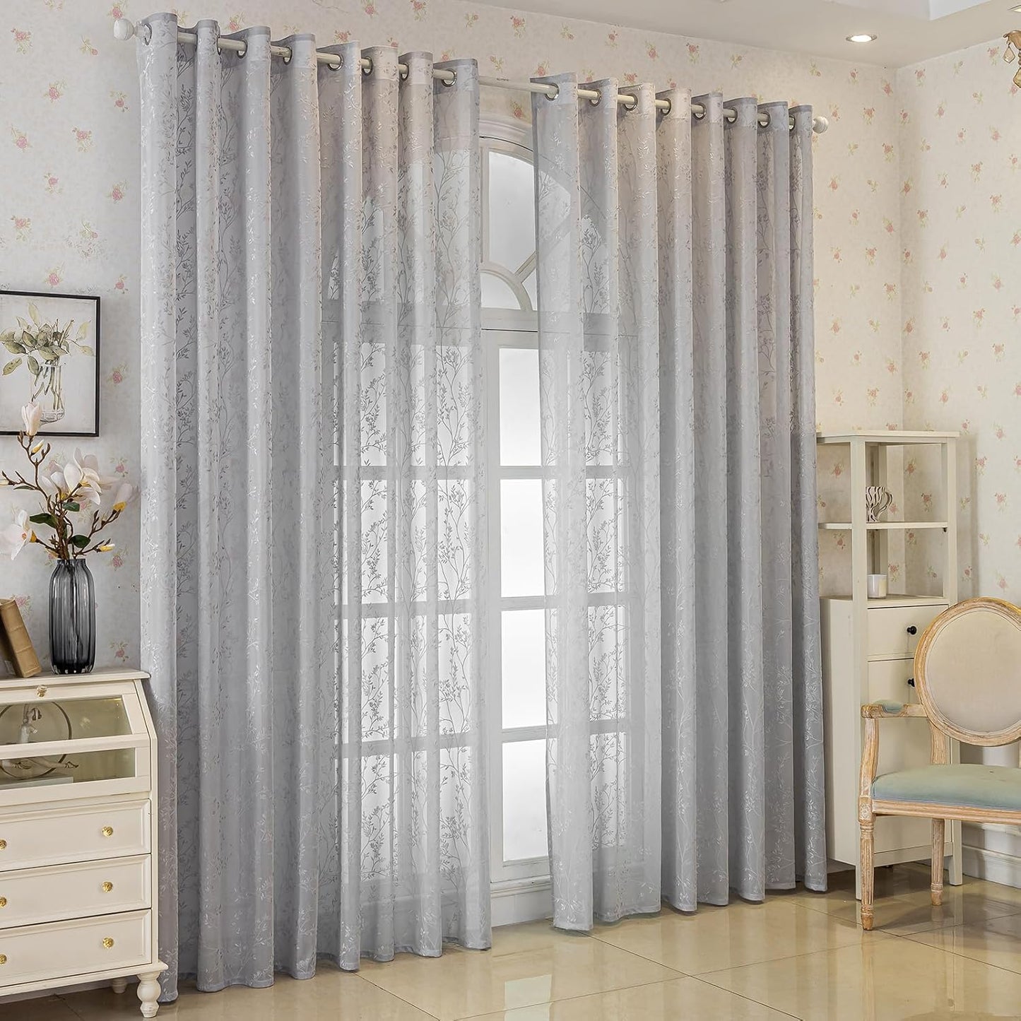 Grey Lace Sheer Curtains, Farmhouse Leaf Jacquard Grommet Window Curtain for Living Room/Bedroom, Voile Sheer Panel Drapes