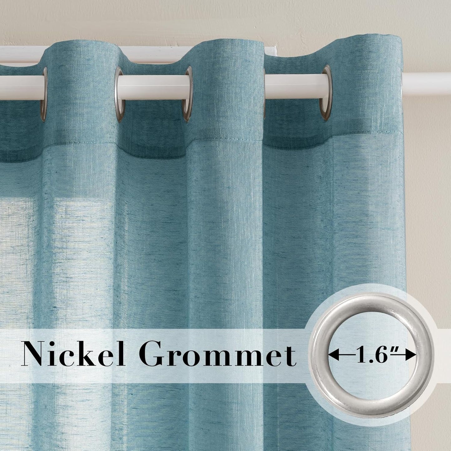 Natural Linen Sheer Curtains 2 Panels, Grommet Semitransparent Semi-Sheer Soft Comfort Privacy Drapes,Turquoise