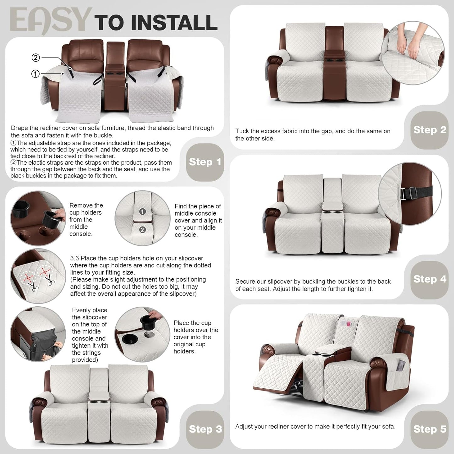 100%Waterproof  with Console, Non-Slip Reclining Couch Covers for 2 Seat, Recliner Sofa Cover Furniture Protector with Elastic Straps for Kids, Pets,Ivory