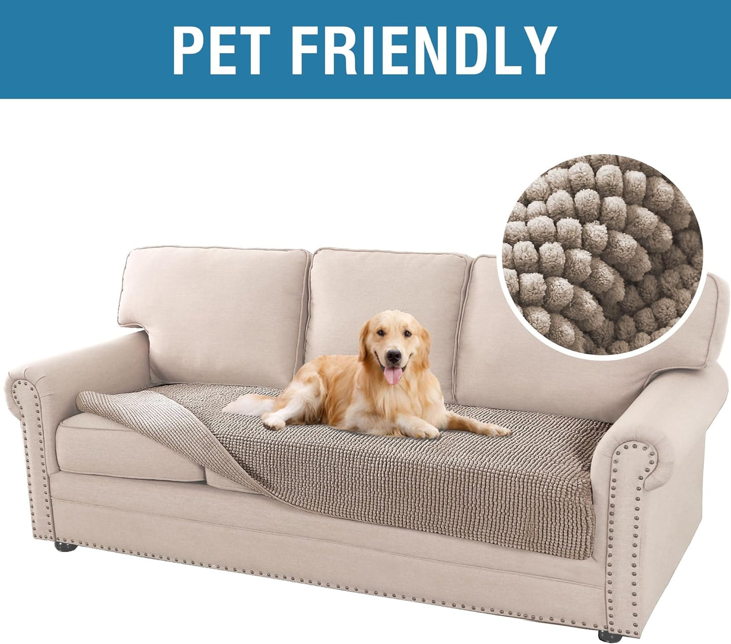 Plush Chenille Dog Bed Cover Thick Soft Sofa Cover for Cushion Couch Anti Slip Couch Cover Water Resistant Furniture Protector for Dog, Pet, Cat,Taupe