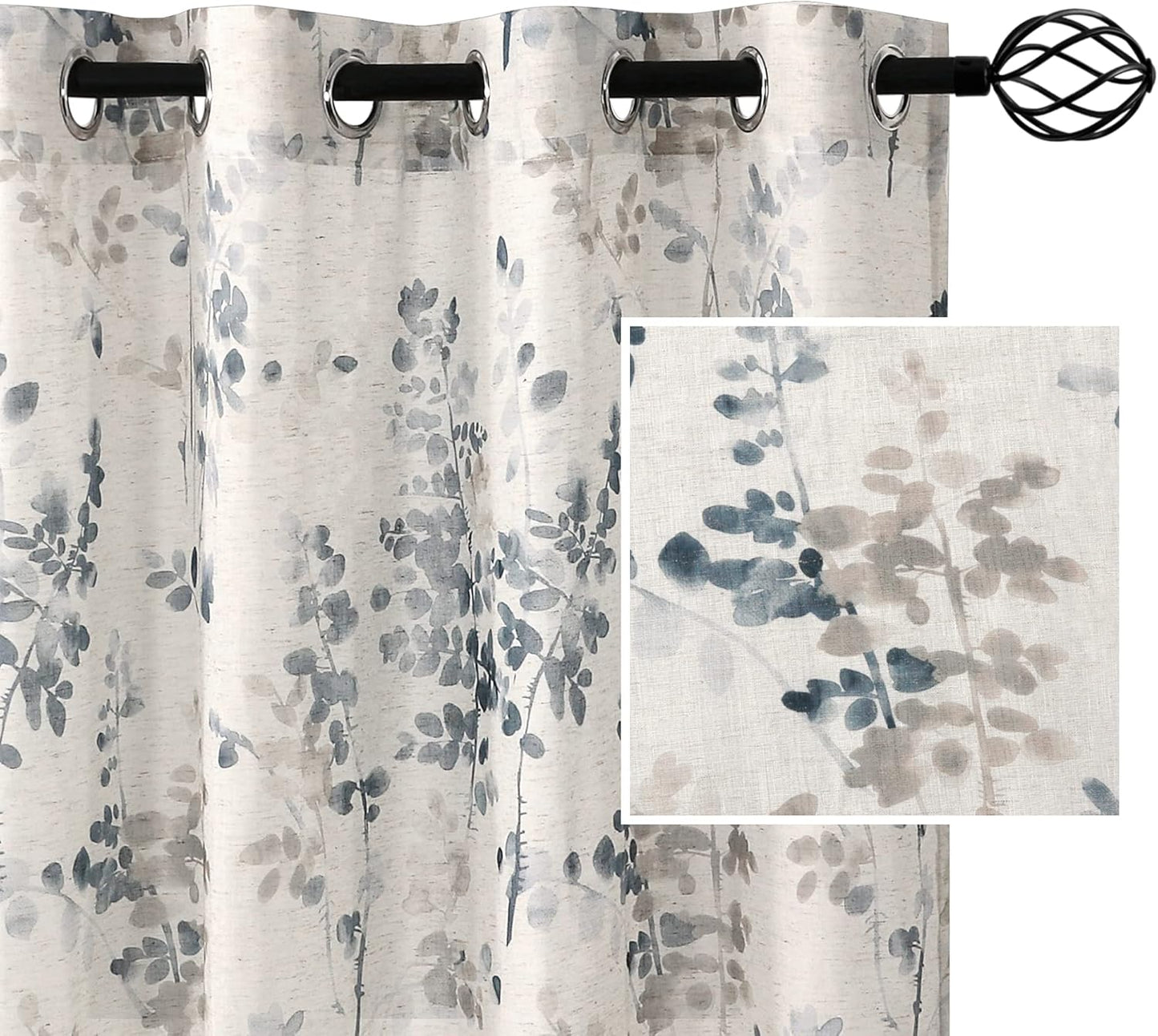 Sheer Linen Curtains Semi Sheer Curtains Draperies for Living Room/Bedroom Vintage Classical Floral Printing Window Treatment Grommet 2 Panels,Blue/Taupe