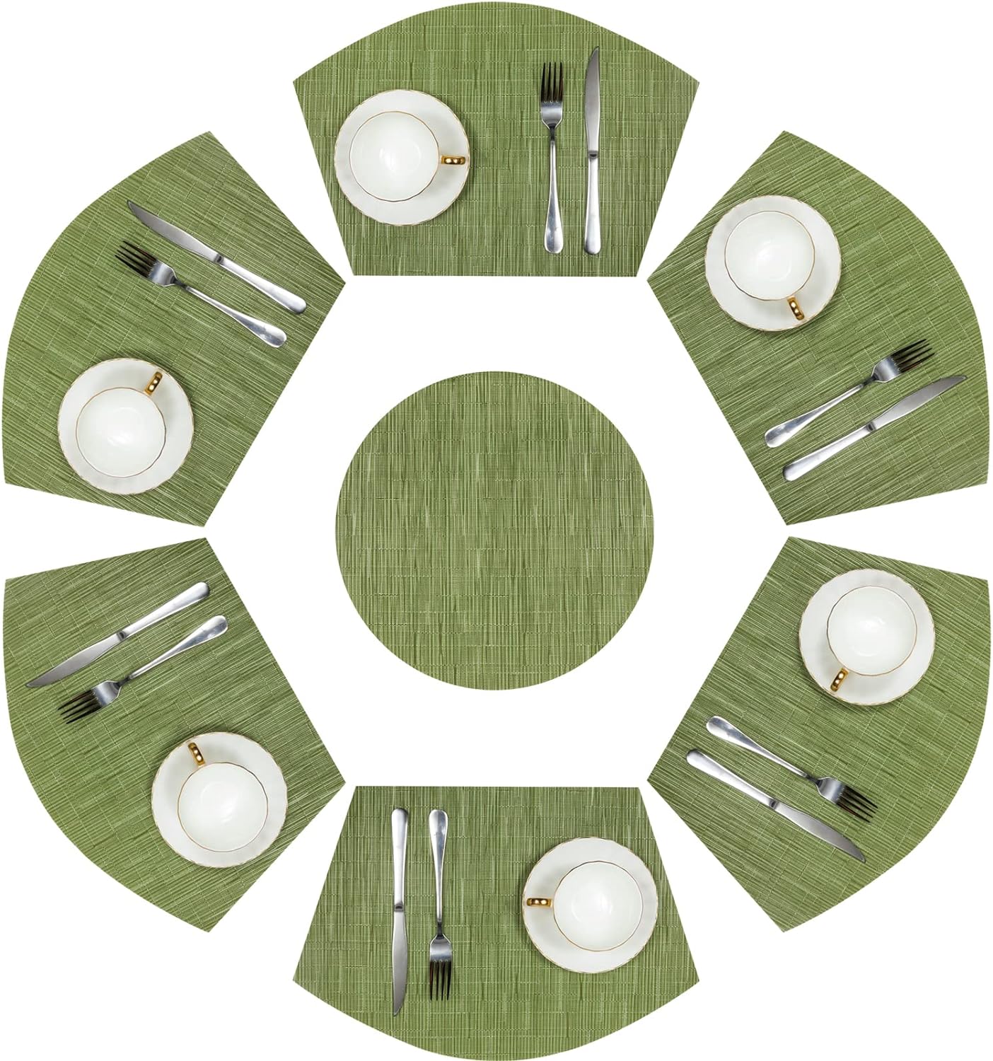 Round Table Placemats Set Wedge Shaped Place Mat with Centerpiece Round Mat Heat Resistant Table Mats Washable, Green
