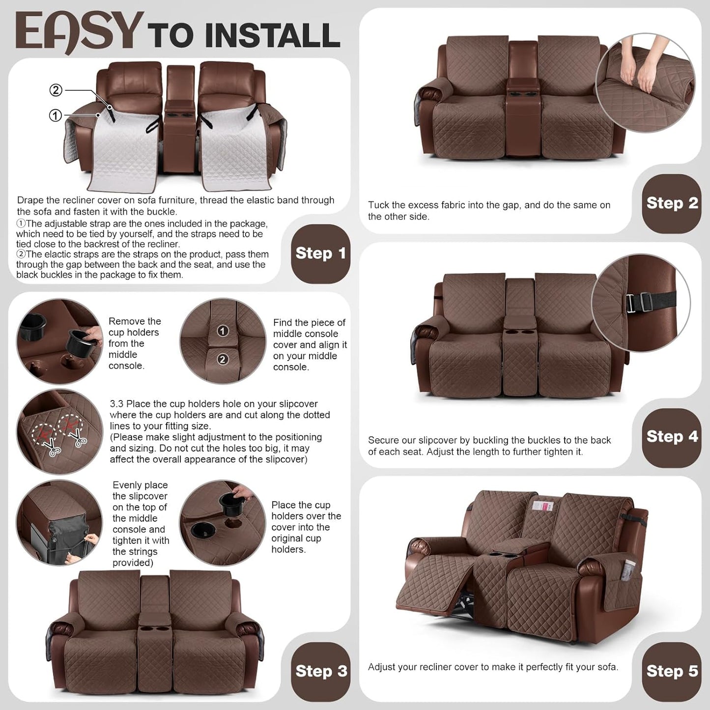 100%Waterproof  with Console, Non-Slip Reclining Couch Covers for 2 Seat, Recliner Sofa Cover Furniture Protector with Elastic Straps for Kids, Pets,Coffee