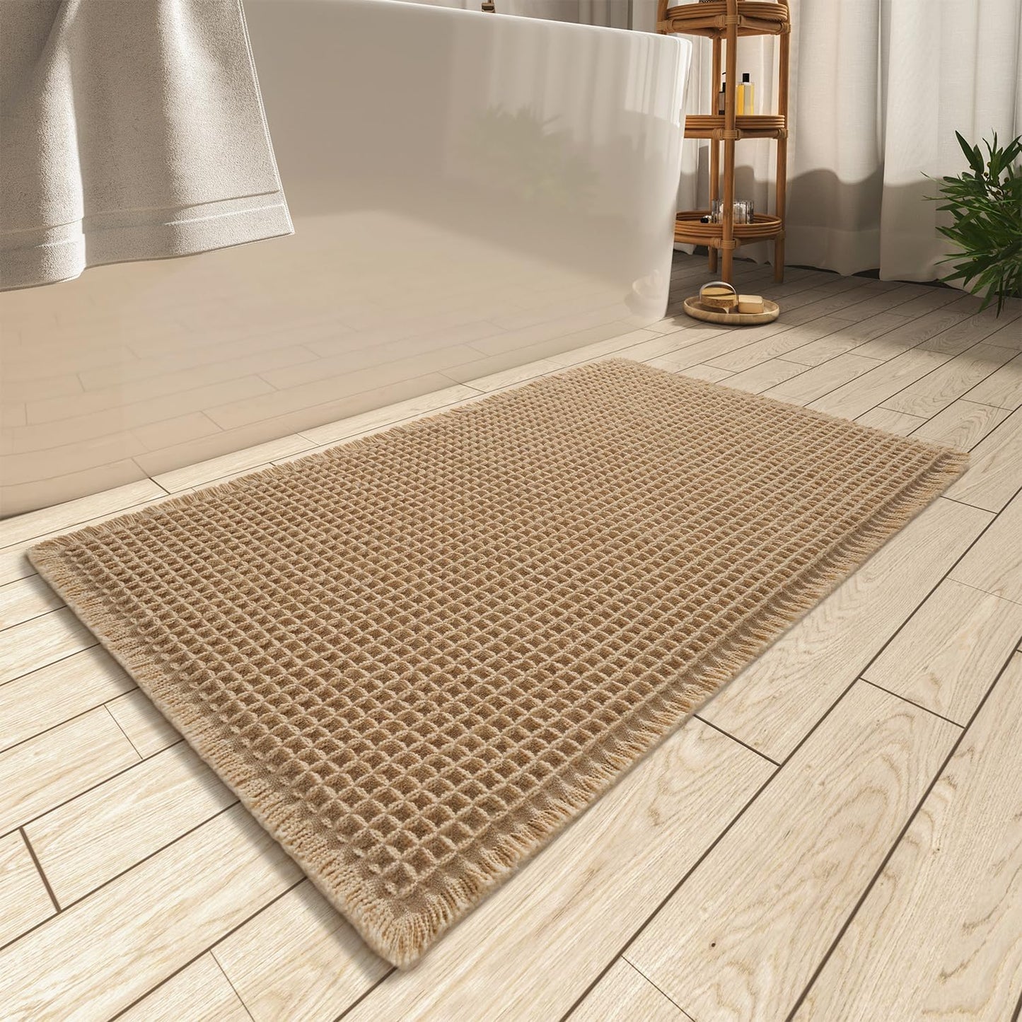 Waffle Bath Mat, Super Absorbent Non Slip Bath Mats for Bathroom Floor, Machine Washable Bathroom Rugs with Tassels,Ultra Soft,Brown