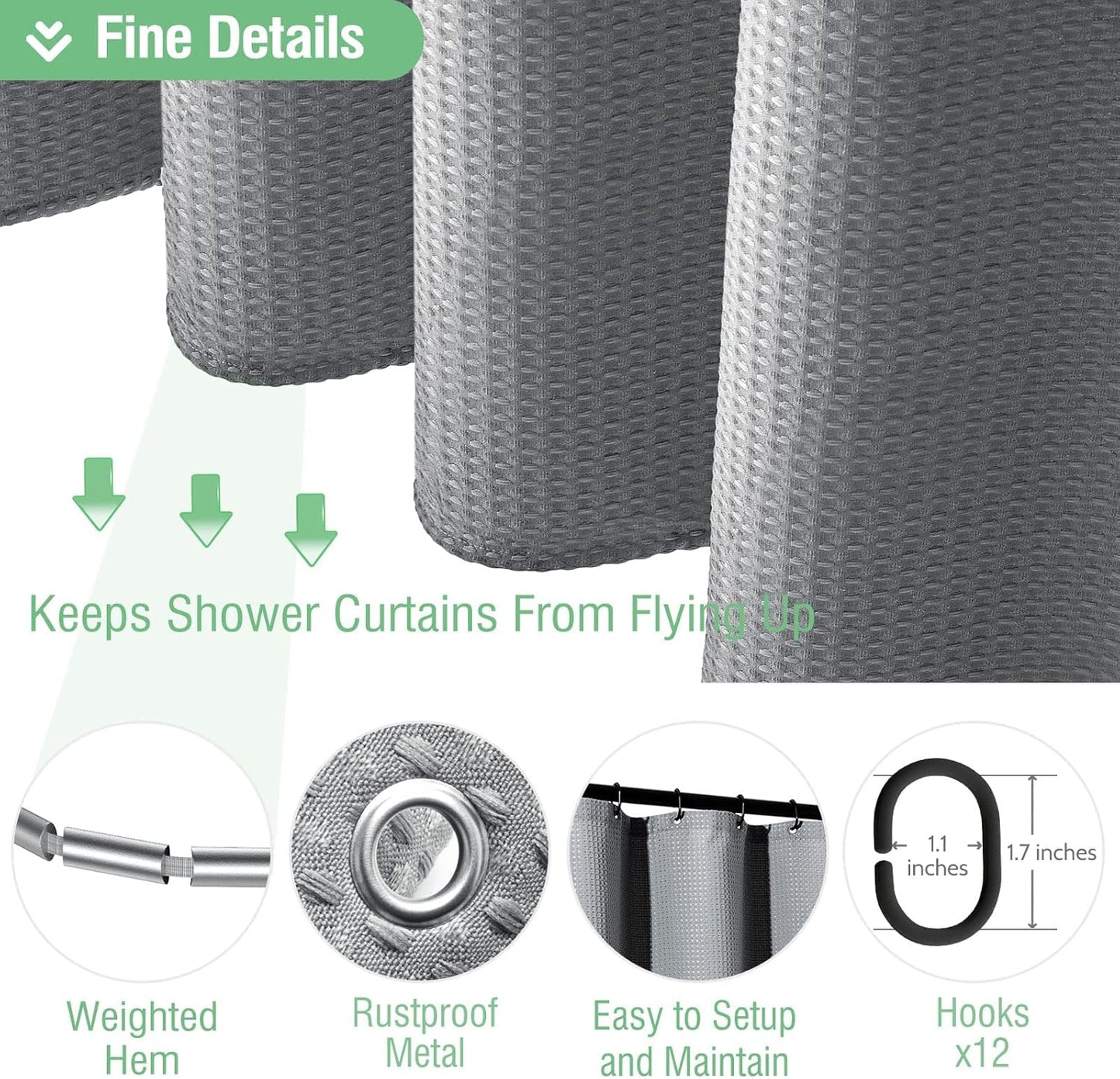 Fabric Shower Curtain - Waffle Weave Weighted Thick Cloth Shower Curtains for Bathroom, Hotel Spa Luxury Bath Curtain Set with 10 Hooks,Grey