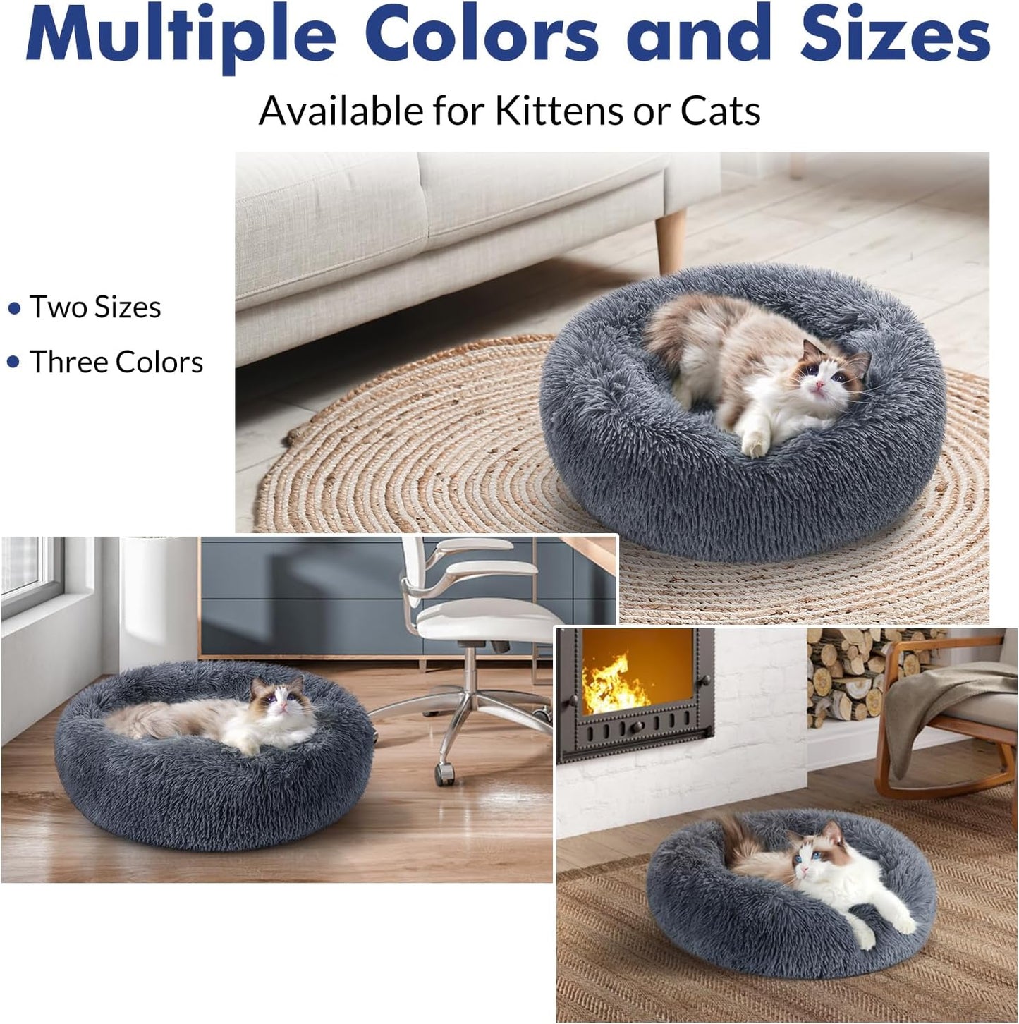 Anti Anxiety Round Fluffy Plush Faux Fur Warm Washable Dog Bed & Cat Bed, Original Bed for Small Medium Large Pets,Dark Grey