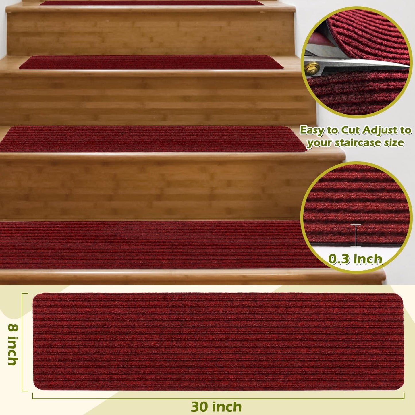 Stair Treads Carpet Non-Slip Indoor Stair Runners for Wooden Steps, Stair Rugs for Kids and Dogs, Set of 15, 8" X 30", Burgundy