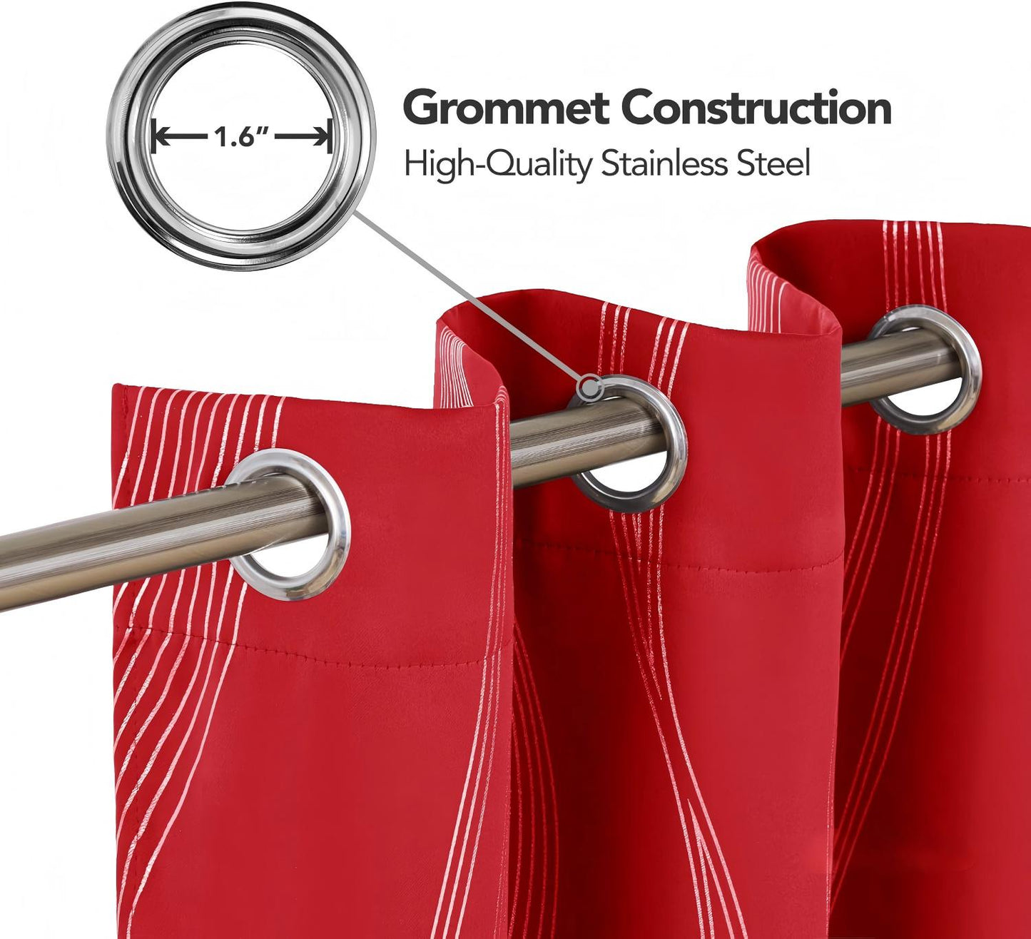 Silver Wave Print Blackout Curtains - Thermal Insulated & Noise‑Reducing Grommet Drapes for Bedroom & Living Room,  2 Panels ,Red