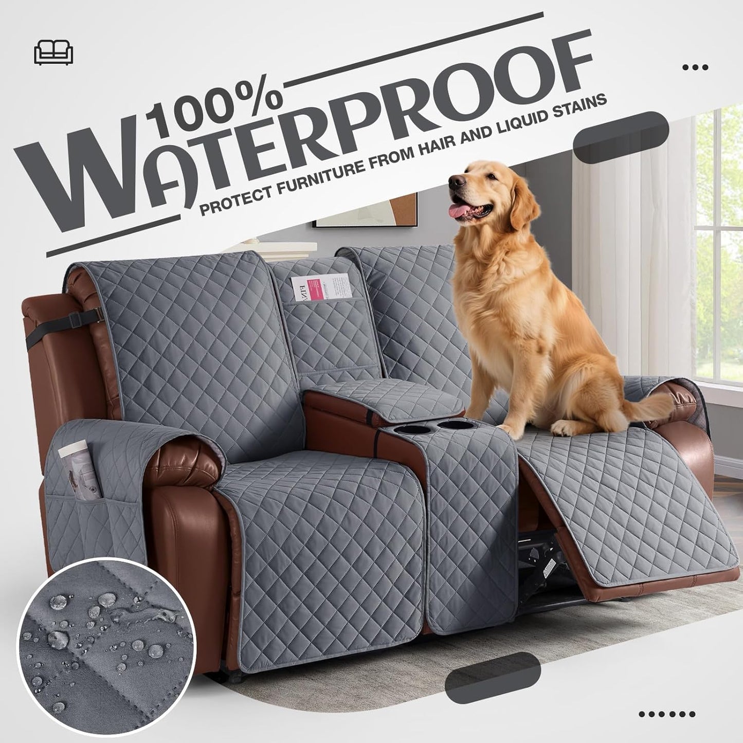 100%Waterproof  with Console, Non-Slip Reclining Couch Covers for 2 Seat, Recliner Sofa Cover Furniture Protector with Elastic Straps for Kids, Pets,Grey