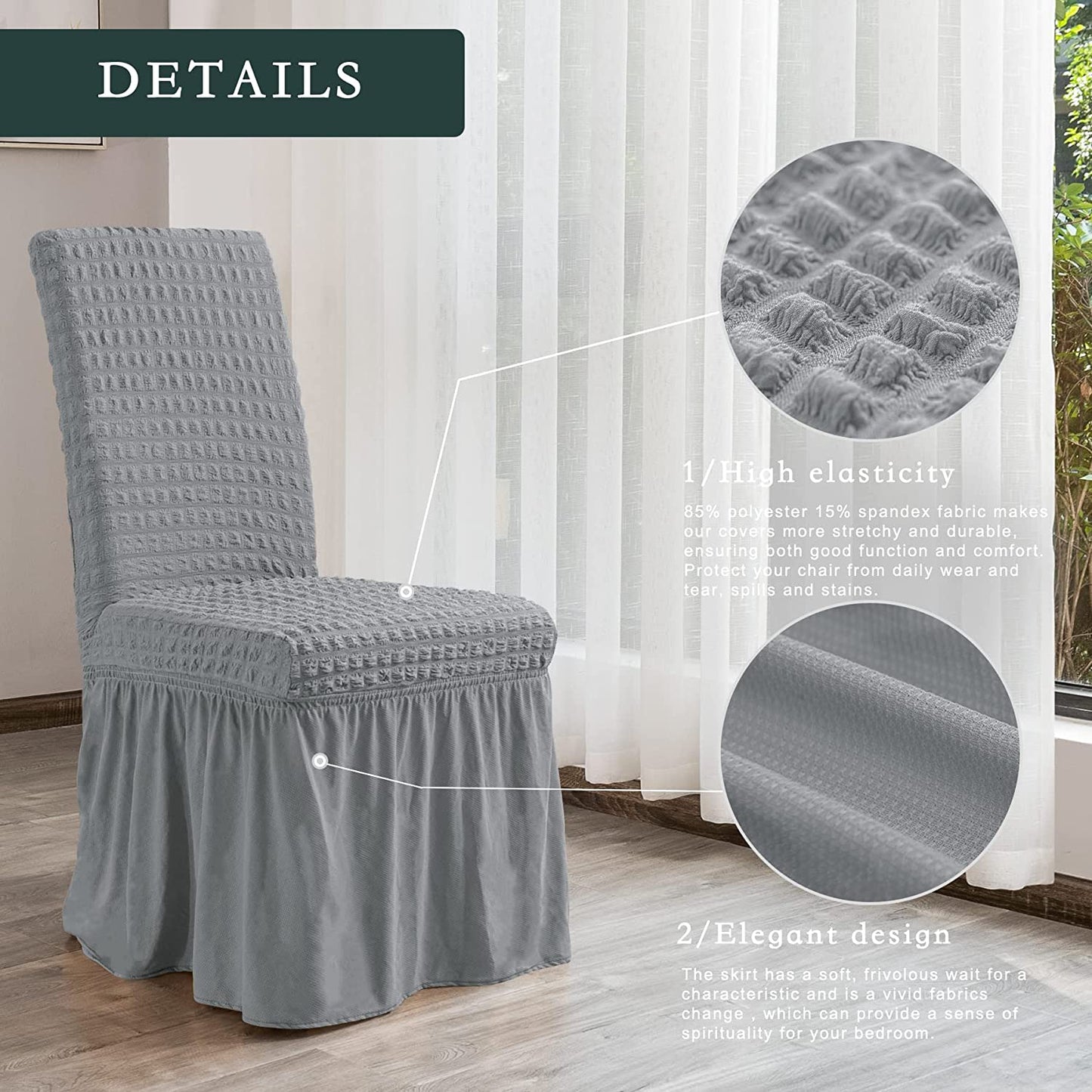 Stretchy Dining Room Chair Covers with Long Skirt, Suitable for families, parties, dirt resistant ,Set of 2/4/6/8 PCS,Dove