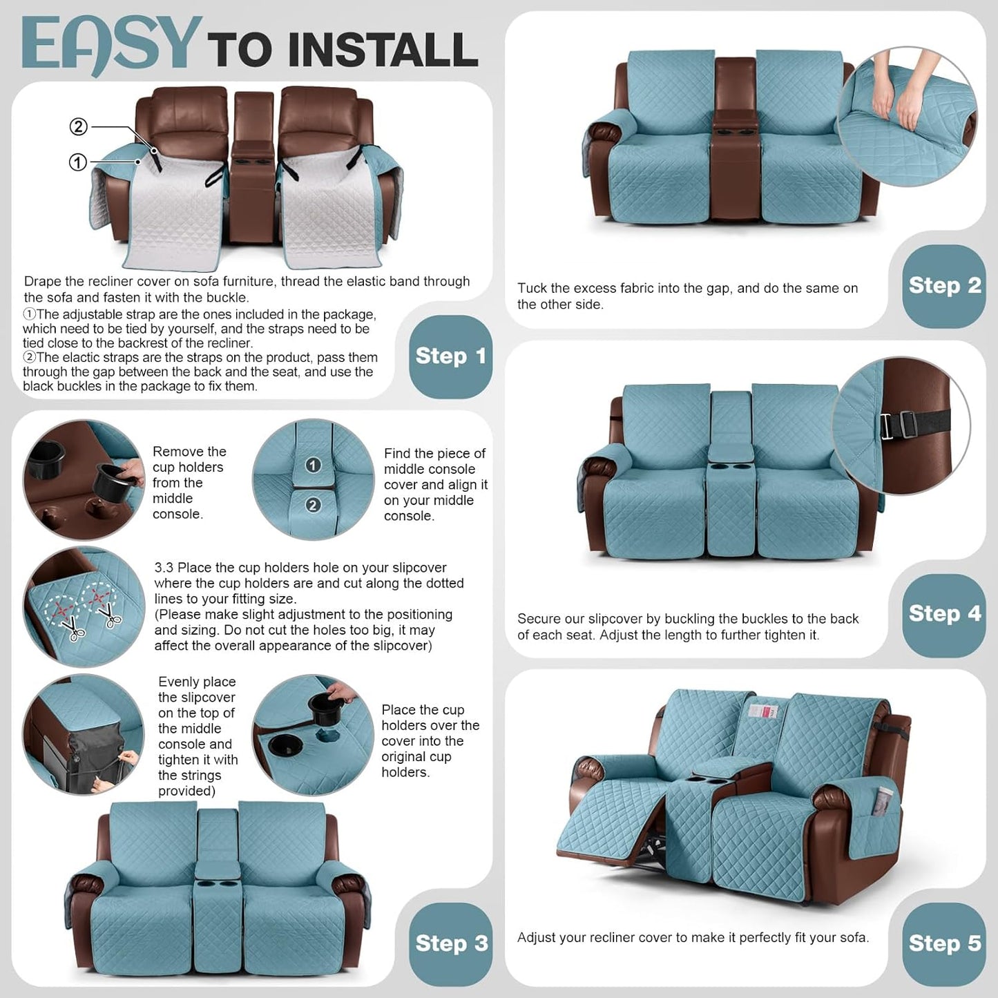 100%Waterproof  with Console, Non-Slip Reclining Couch Covers for 2 Seat, Recliner Sofa Cover Furniture Protector with Elastic Straps for Kids, Pets,GreyBlue