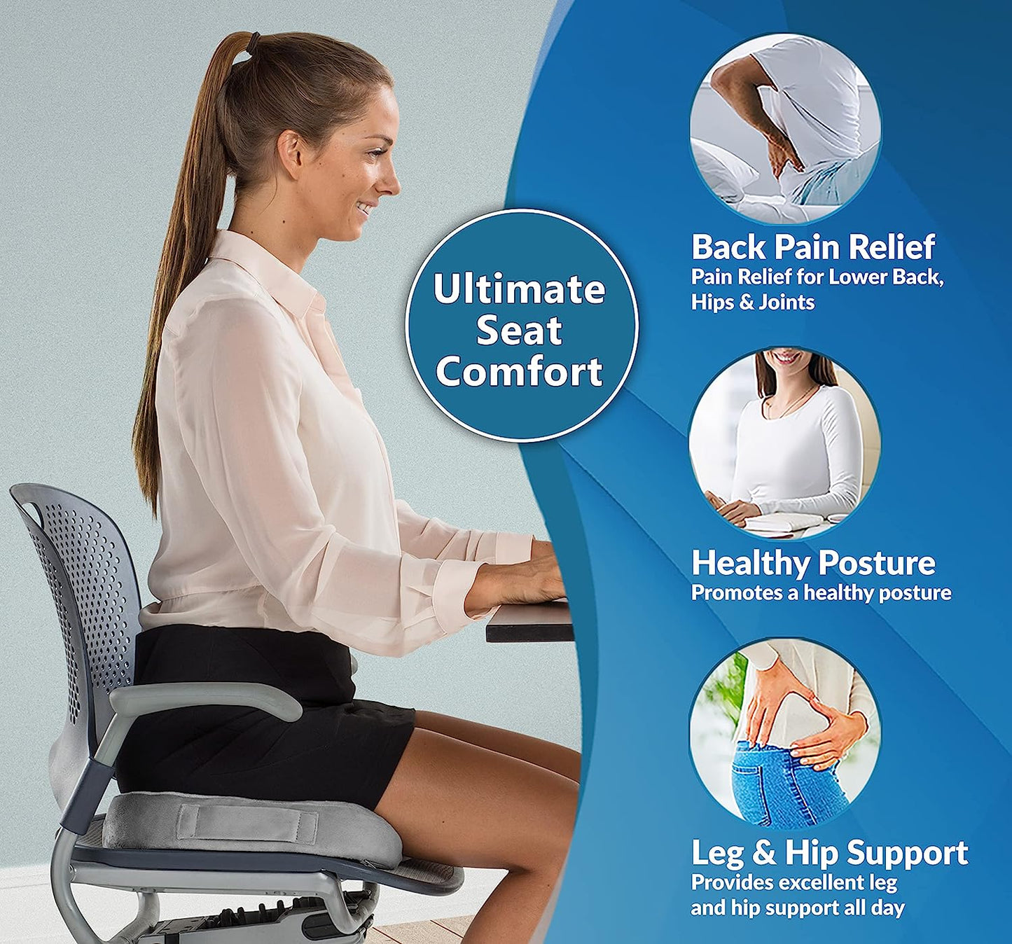 Memory Foam Gel Seat Cushion for Office Chair, Comfort Car Chair Cushion, Desk Seat Cushion for Tailbone Sciatica Pain Relief, Ergonomic Seat Pad,Grey