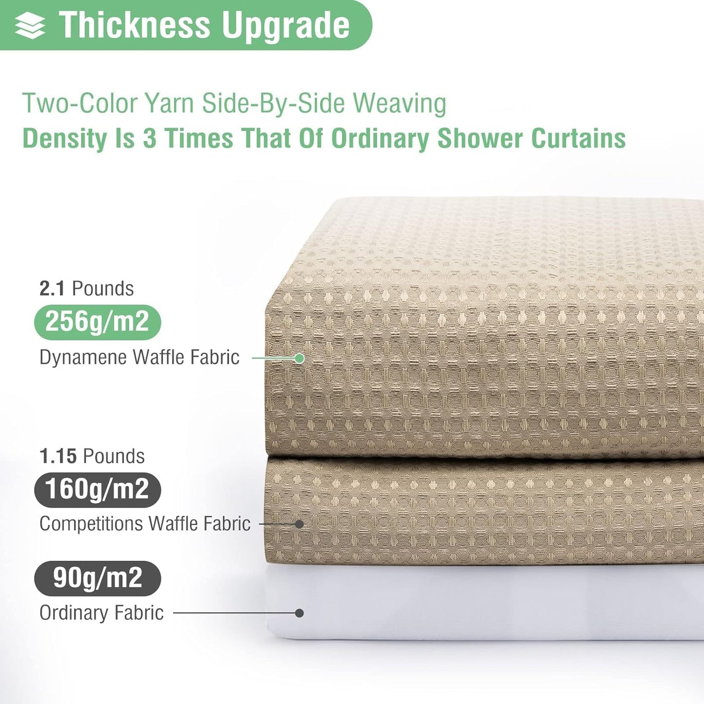 Fabric Shower Curtain - Waffle Weave Weighted Thick Cloth Shower Curtains for Bathroom, Hotel Spa Luxury Bath Curtain Set with 10 Hooks,Beige