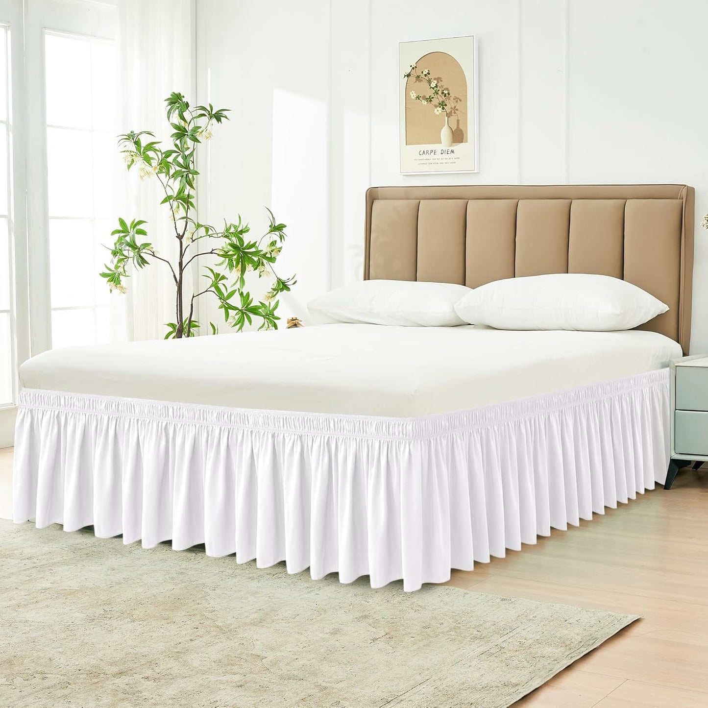 Wrap Around Bed Skirts  15" Drop, Aqua Adjustable Elastic Dust Ruffles Easy Fit Wrinkle & Fade Resistant  Machine Washable ,White