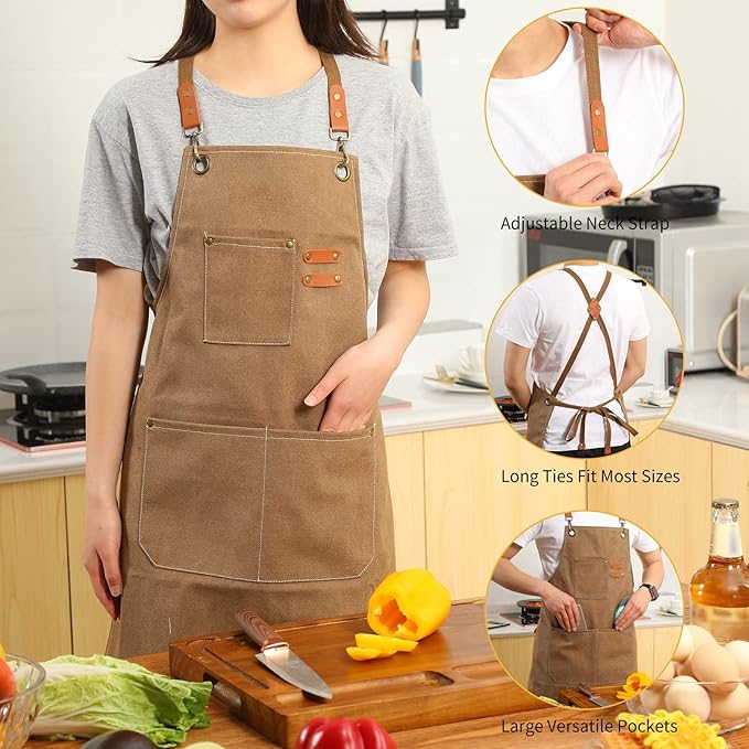Chef Aprons for Men Women with Oversized Pockets,Cotton Canvas Cross Back Heavy Duty Work Apron,Brown