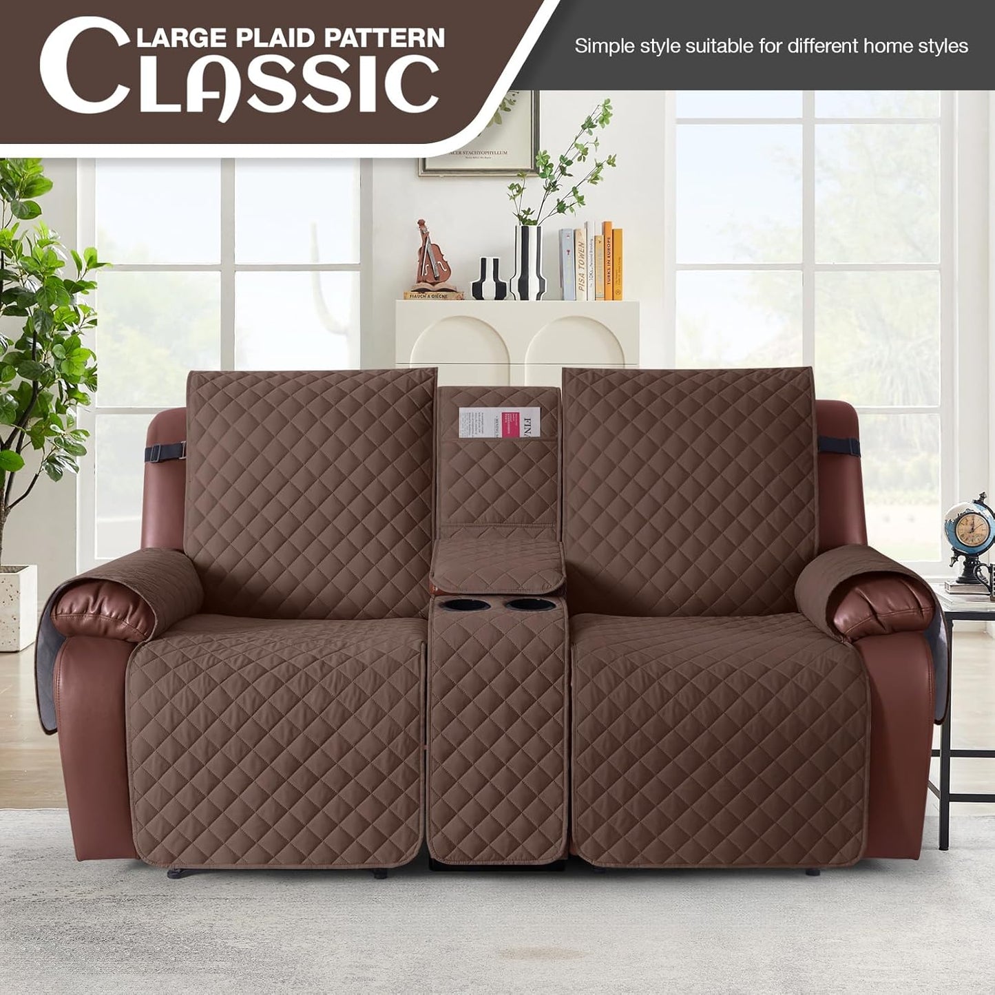 100%Waterproof  with Console, Non-Slip Reclining Couch Covers for 2 Seat, Recliner Sofa Cover Furniture Protector with Elastic Straps for Kids, Pets,Coffee