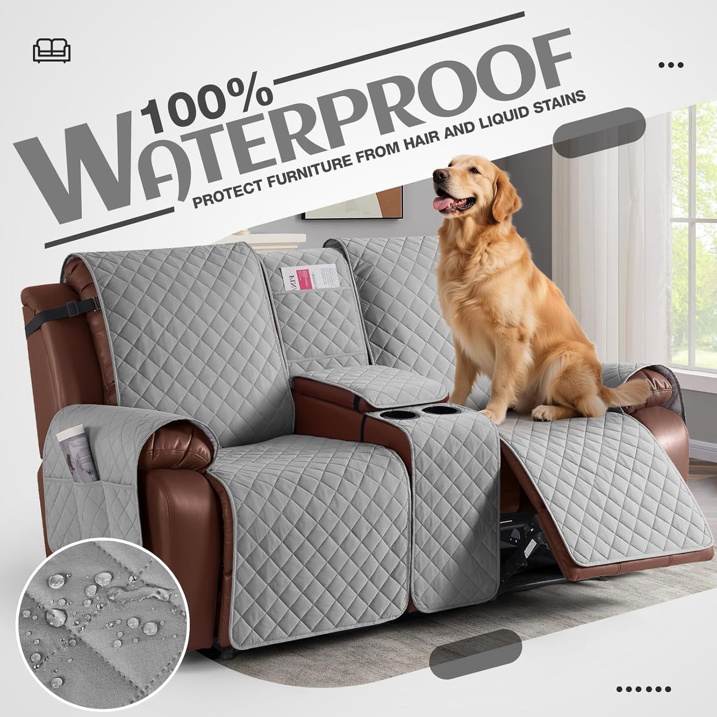 100%Waterproof  with Console, Non-Slip Reclining Couch Covers for 2 Seat, Recliner Sofa Cover Furniture Protector with Elastic Straps for Kids, Pets,Lightgrey