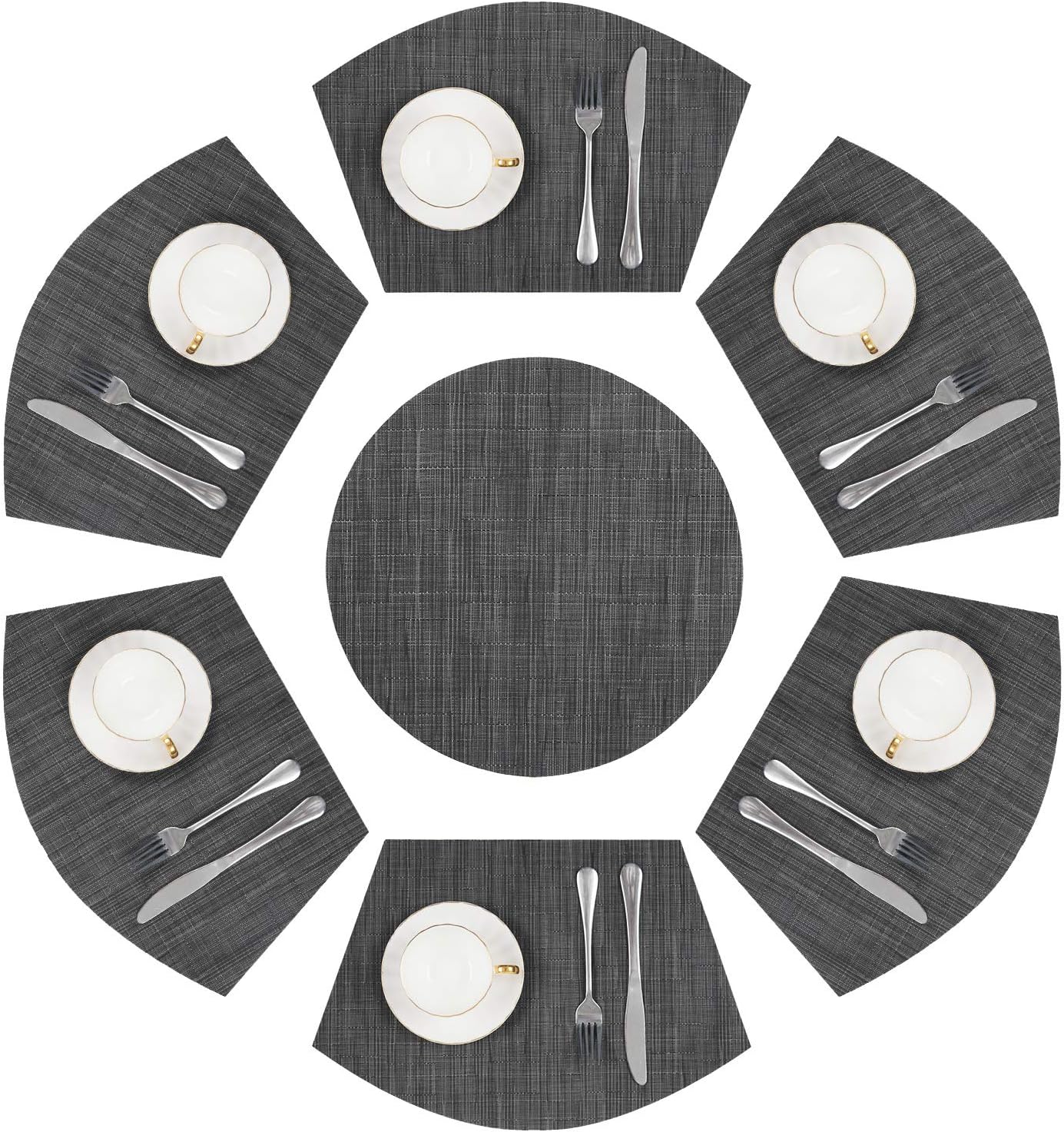 Round Table Placemats Set Wedge Shaped Place Mat with Centerpiece Round Mat Heat Resistant Table Mats Washable, Black Grey
