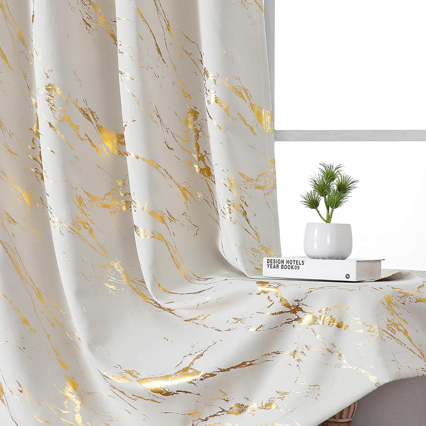90% Blackout Curtains 2 Panels, Gold Marble Patterned Blackout Curtains Thermal Insulated Room Darkening Drapes for Living Room ,Beige