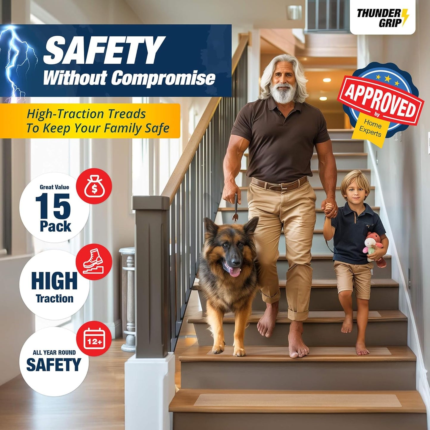 Clear Non-Slip Treads for Wooden Steps Indoor Pre-Cut Anti-Slip Strips, Grip Tape Transparent Grips for Wood Stairs, Dogs, Kids and Pets, Waterproof
