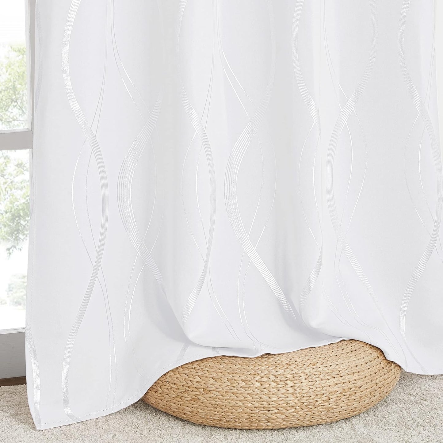 Silver Wave Print Blackout Curtains - Thermal Insulated & Noise‑Reducing Grommet Drapes for Bedroom & Living Room,  2 Panels ,White
