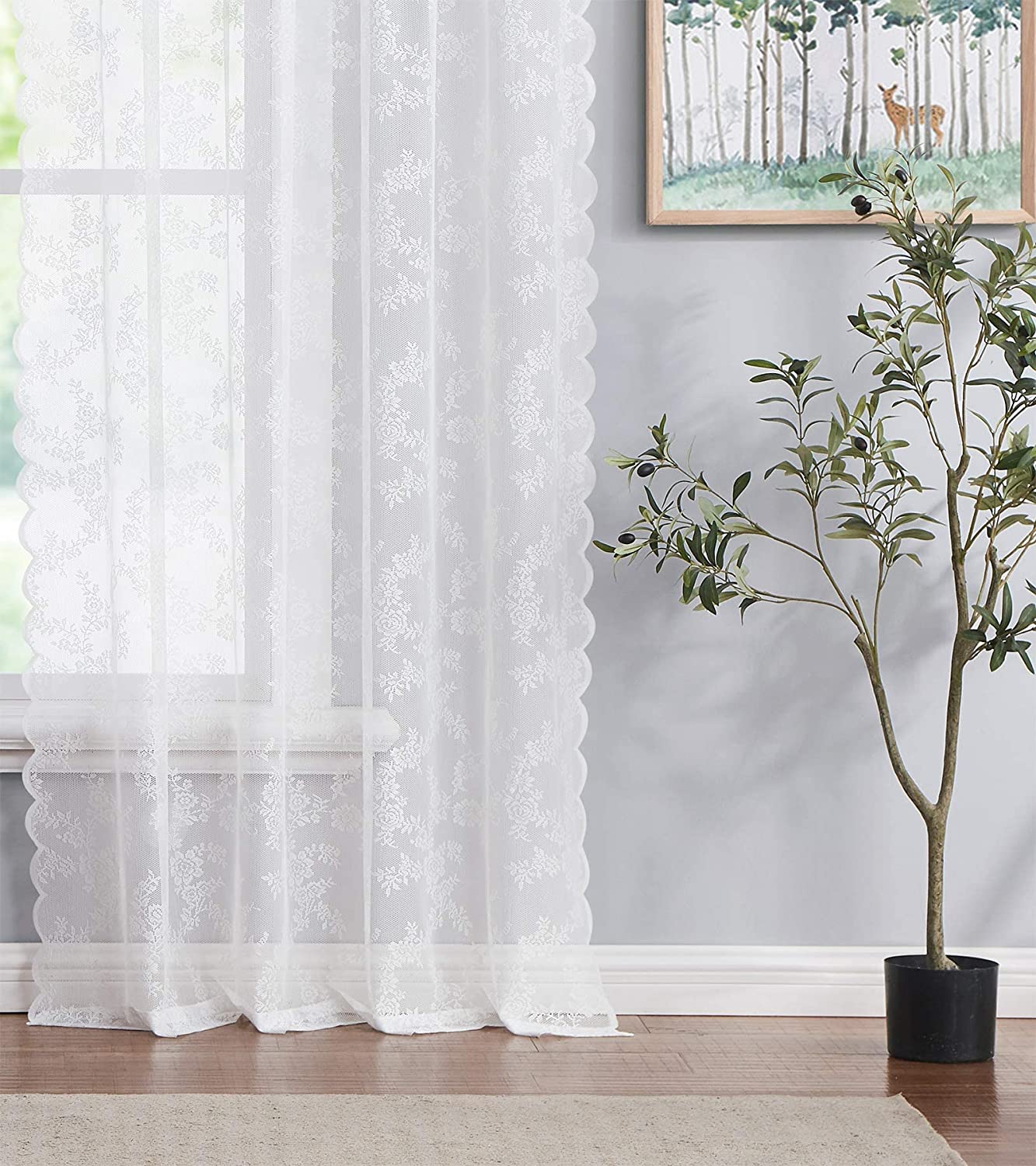 White Lace Sheer Curtains for Bedroom Farmhouse French Floral Rose Lace Curtain Panels Durable Flower Embeoidered Window Treatment Drapes for Living Room Christmas Holiday, Set of 2