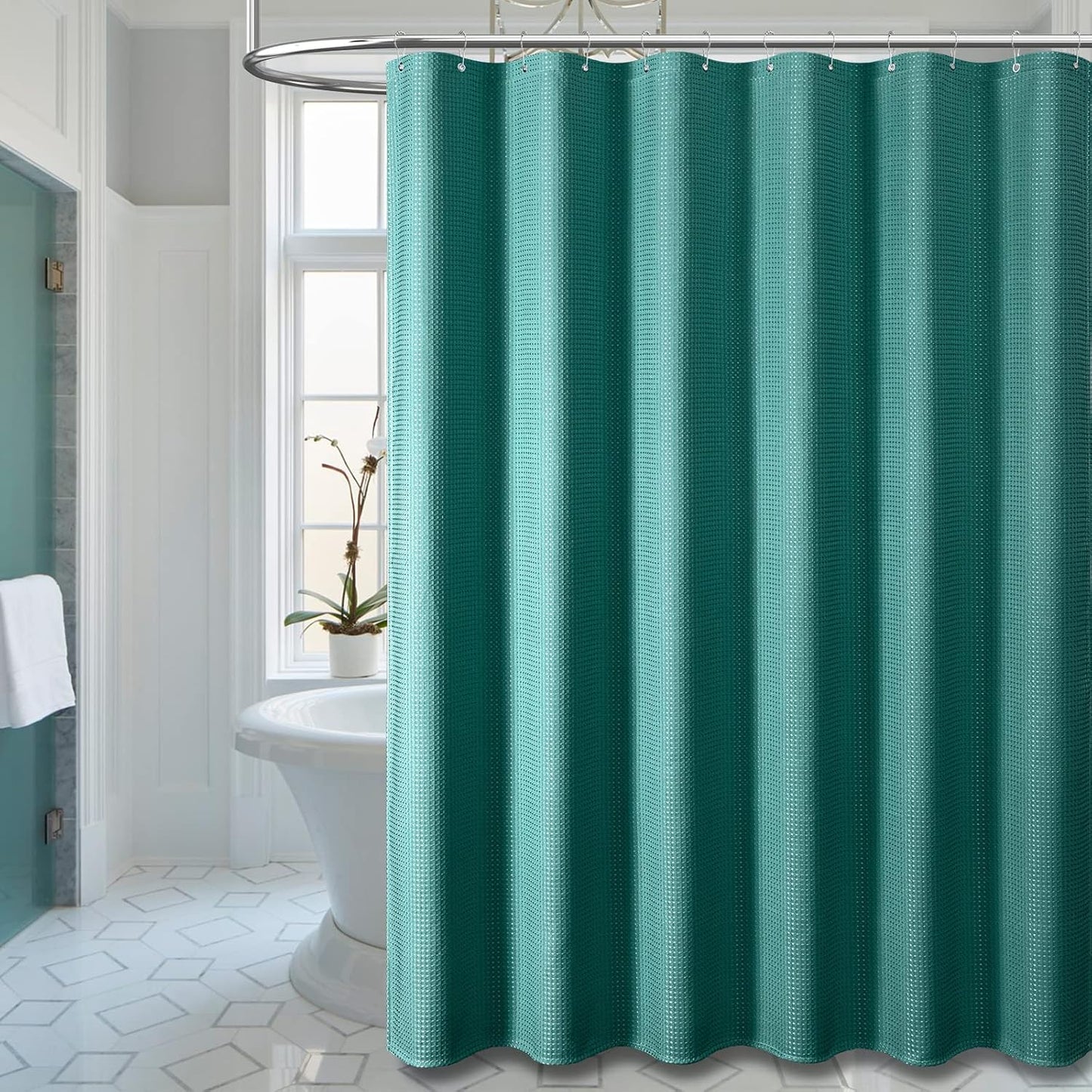 Fabric Shower Curtain - Waffle Weave Weighted Thick Cloth Shower Curtains for Bathroom, Hotel Spa Luxury Bath Curtain Set with 10 Hooks,Seaweed Green