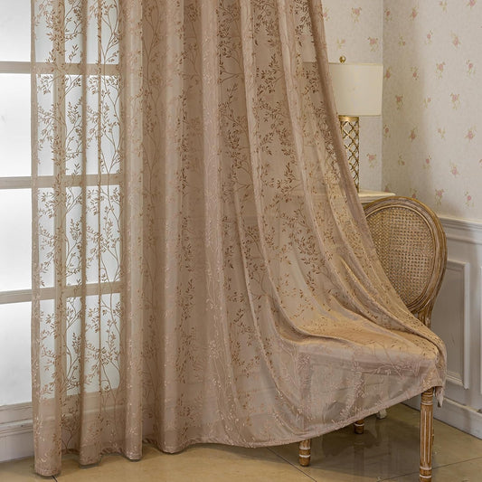 Coffee Lace Sheer Curtains, Farmhouse Leaf Jacquard Grommet Window Curtain for Living Room/Bedroom, Voile Sheer Panel Drapes
