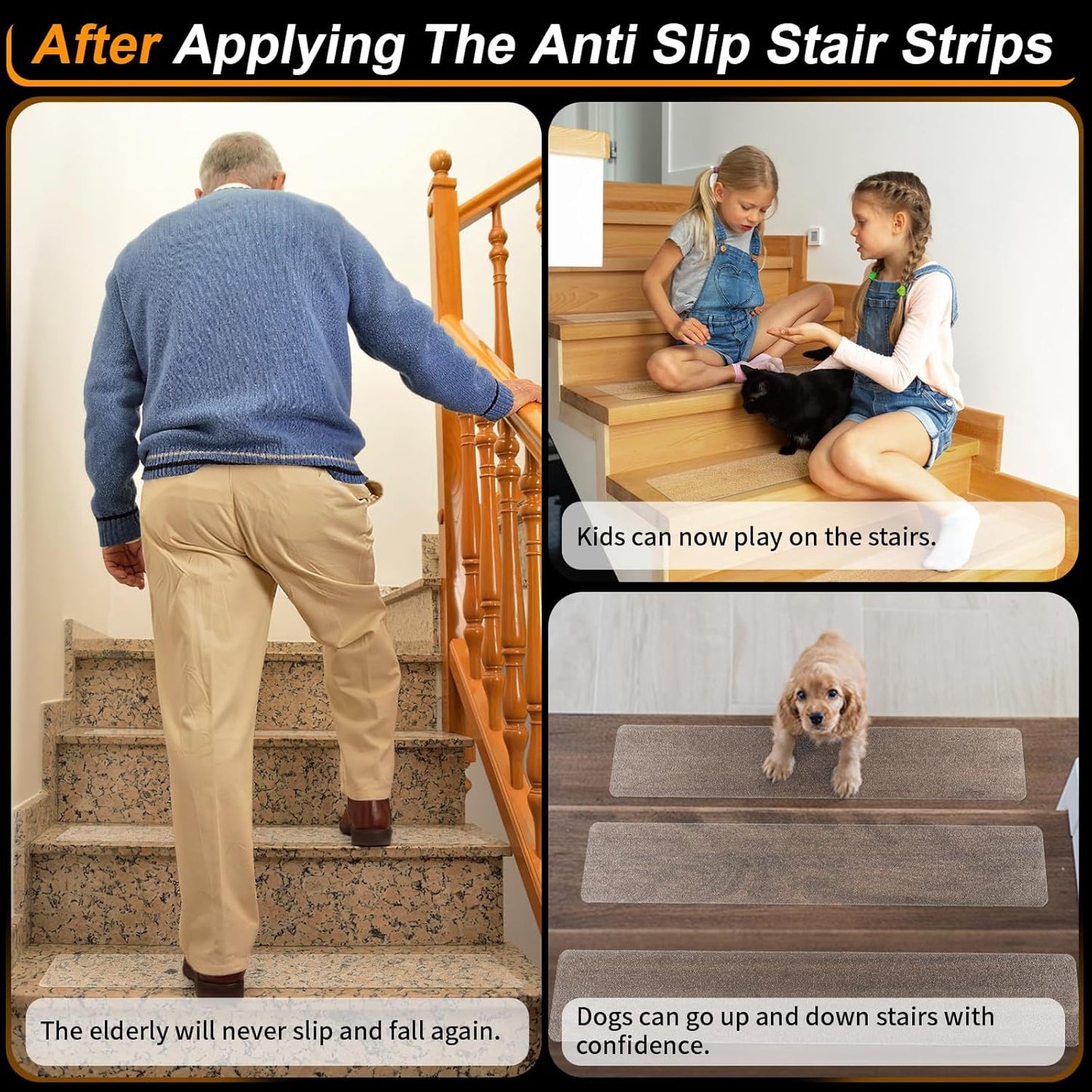 Clear Non-Slip Treads for Wooden Steps Indoor Pre-Cut Anti-Slip Strips, Grip Tape Transparent Grips for Wood Stairs, Dogs, Kids and Pets, Waterproof