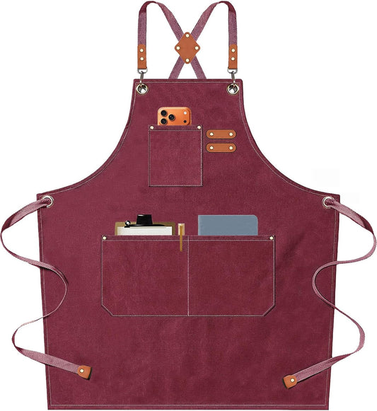 Chef Aprons for Men Women with Oversized Pockets,Cotton Canvas Cross Back Heavy Duty Work Apron,Red